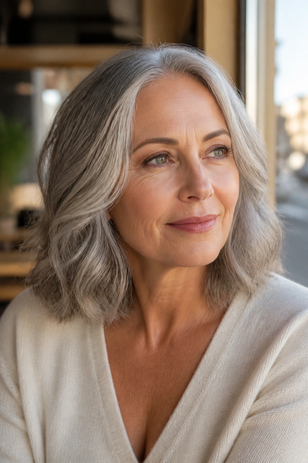 Close-up portrait of a real woman with shoulder-length gray wavy lob and soft ends
