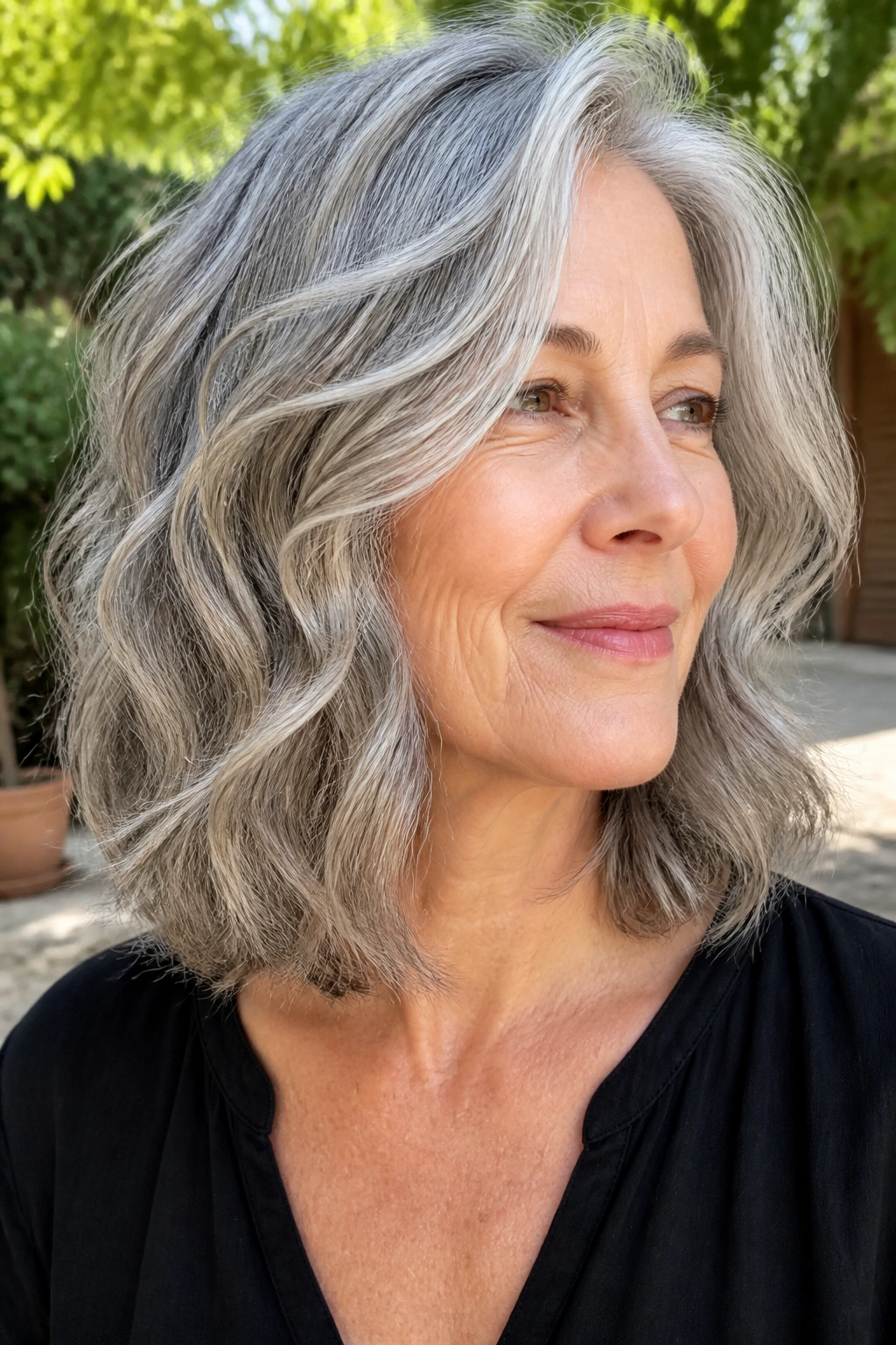 Close-up of a mature woman with a wavy lob and hidden layers
