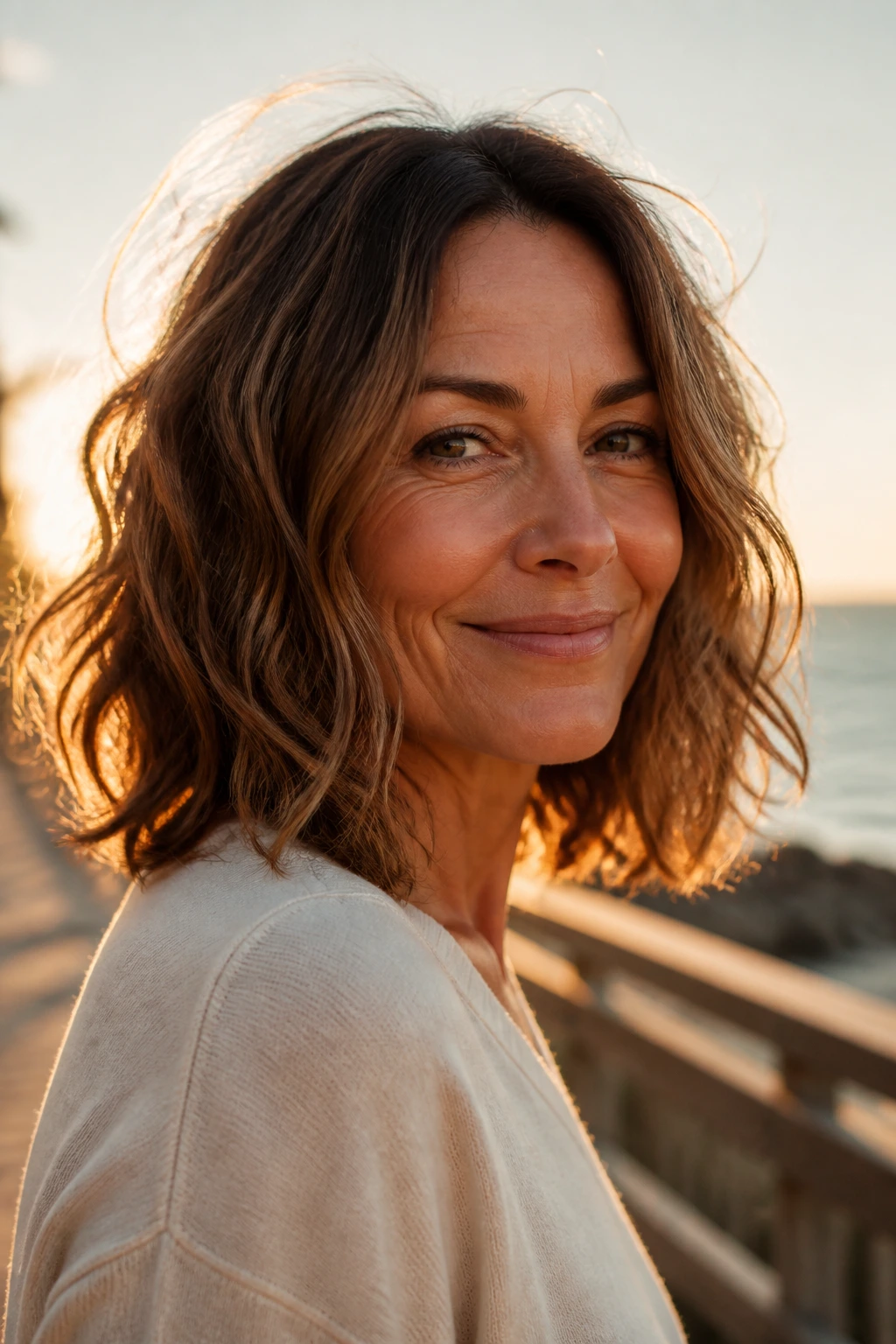 Close-up portrait of a real woman with a wavy shoulder-length lob in golden hour outdoor light