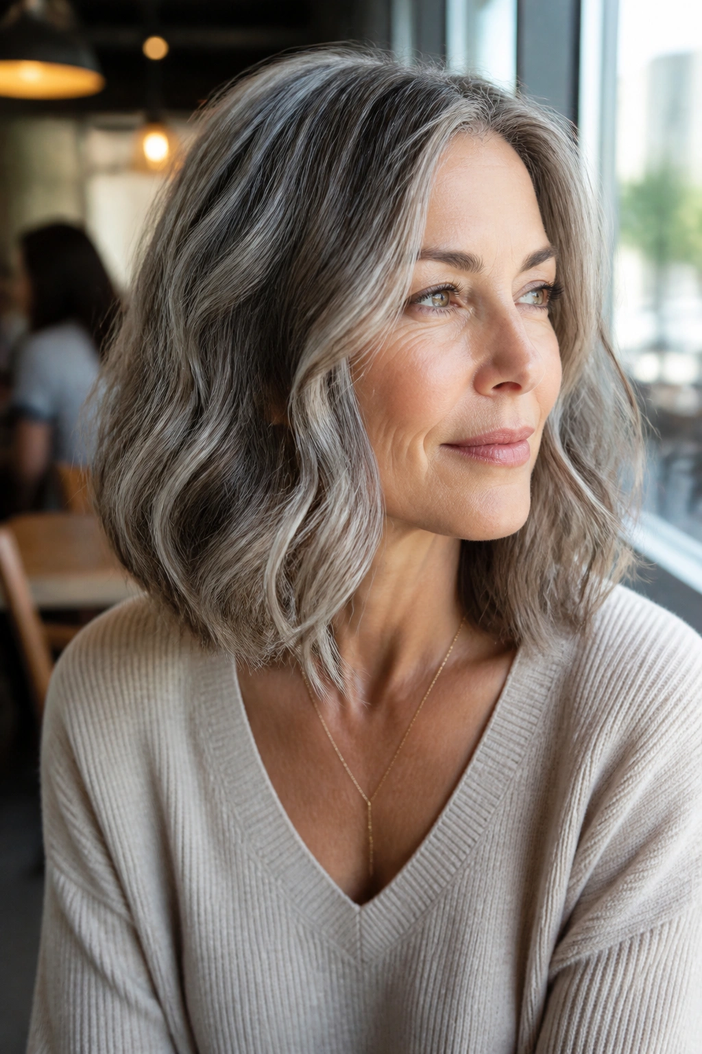 Wavy lob hairstyle on real woman with natural gray tones in sunlit cafe