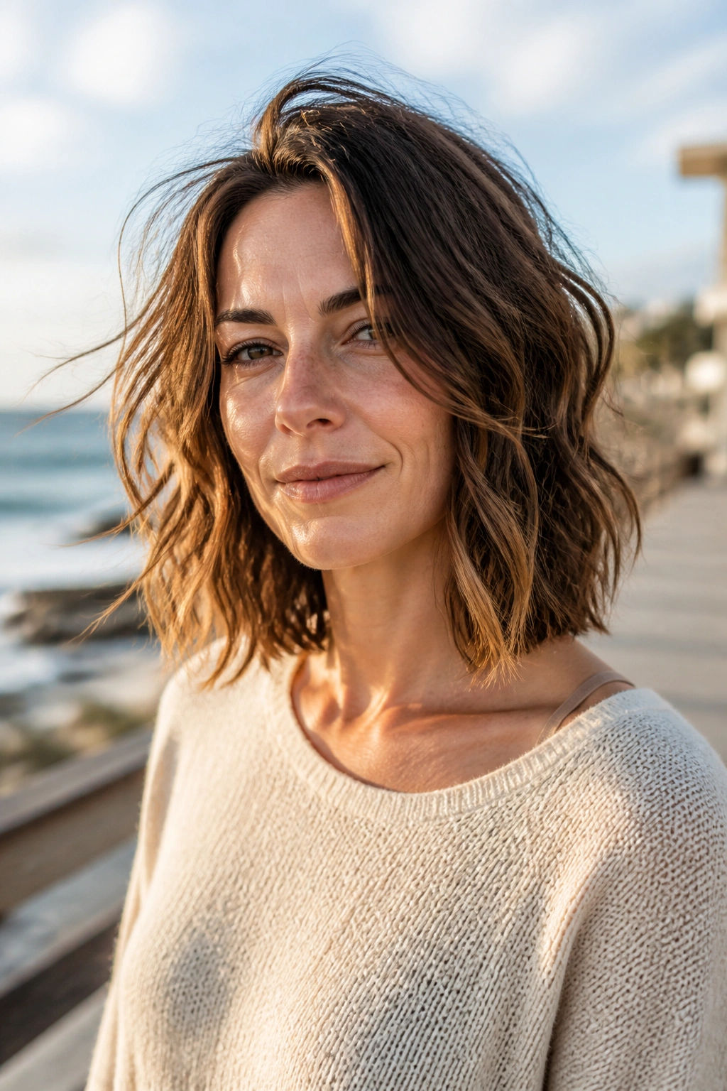 Real woman with a shoulder-length wavy lob under sunlit outdoor light