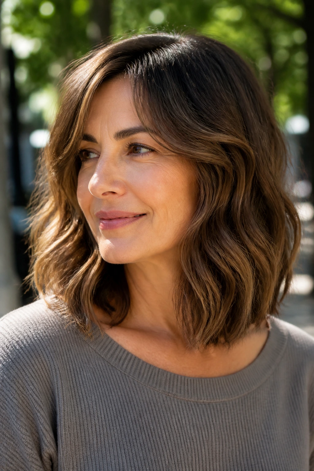 Real woman over 40 with wavy lob and invisible layers in sunlight