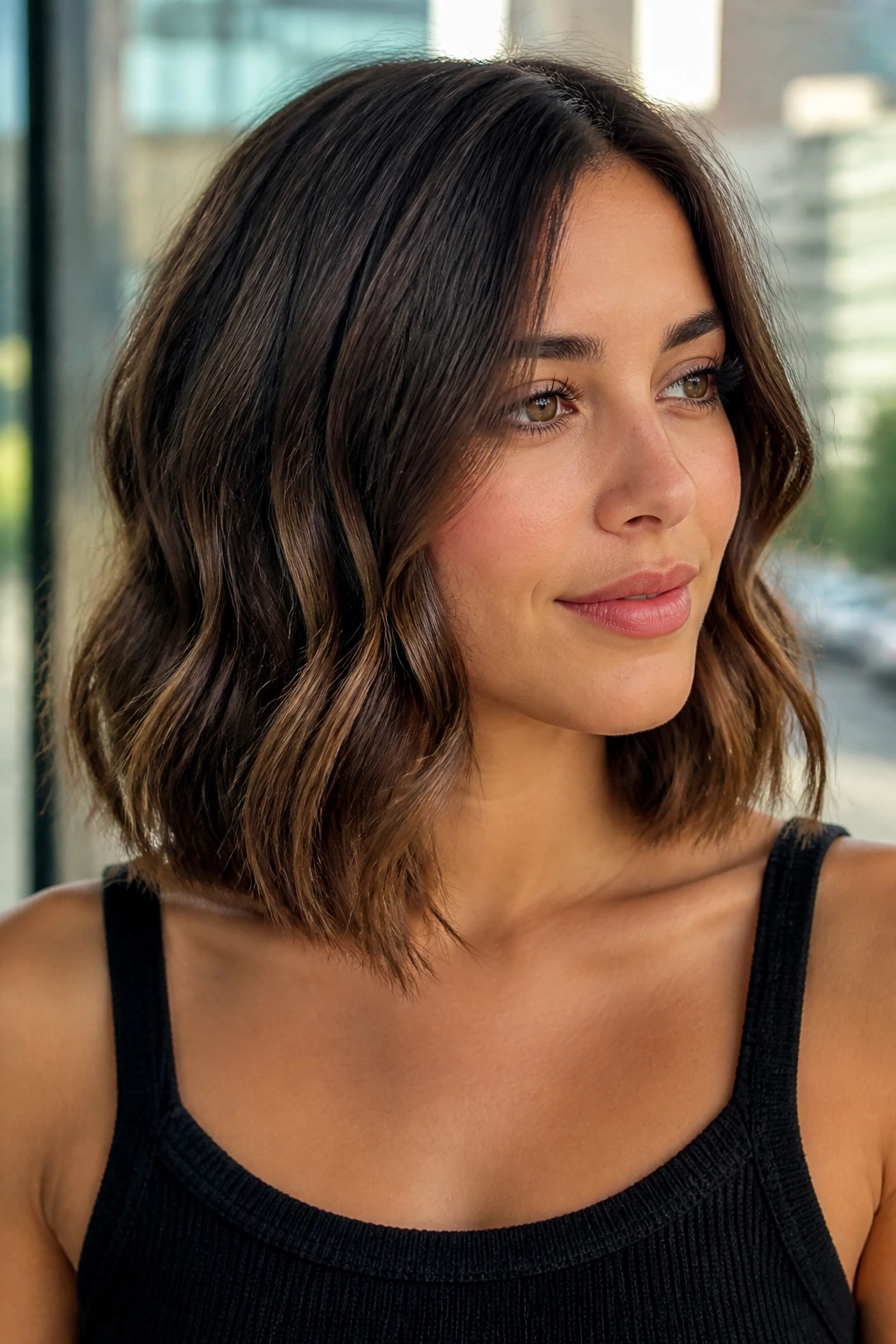 Real woman with shoulder-length wavy lob and invisible layers.