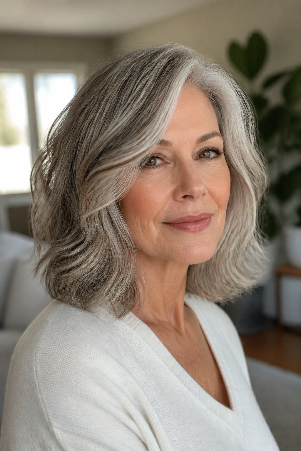 Close-to-medium portrait of a real woman with a wavy lob and invisible layers