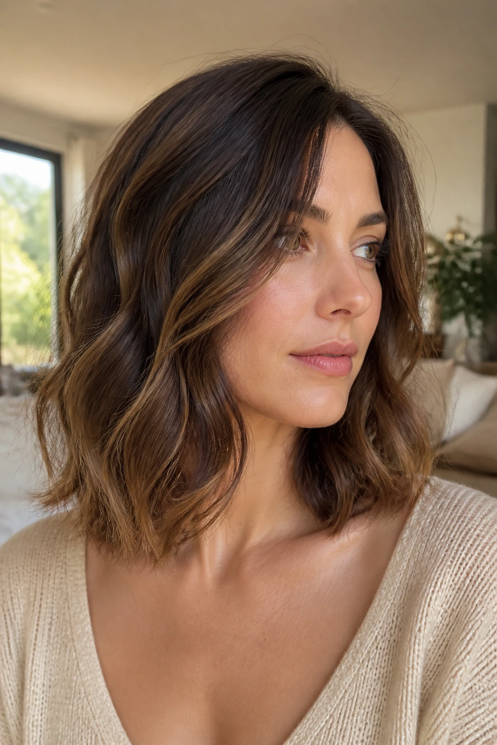 Close-up of a real woman with a wavy lob and subtle layers