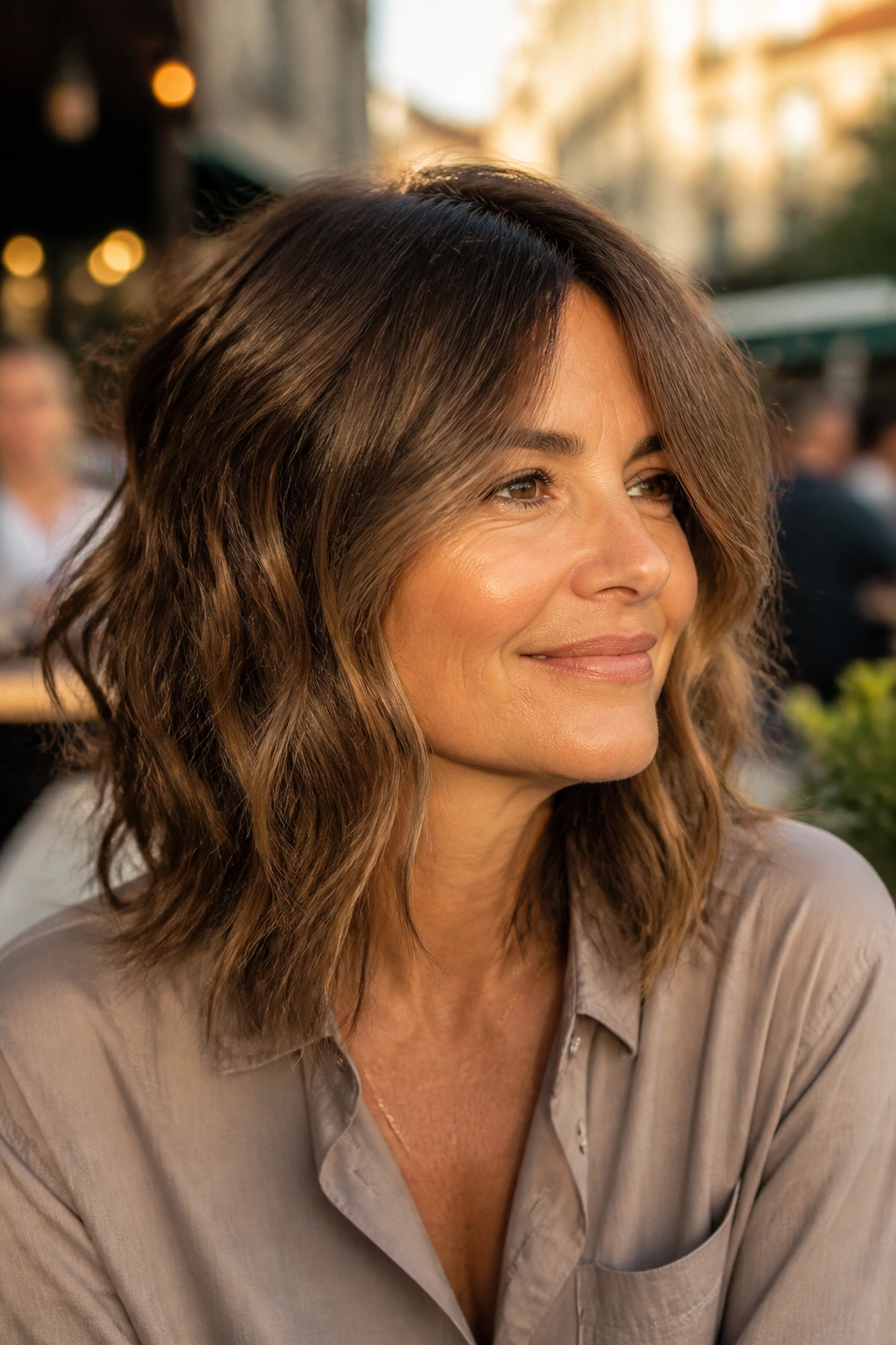Close-up of a real woman with a wavy lob and long layers