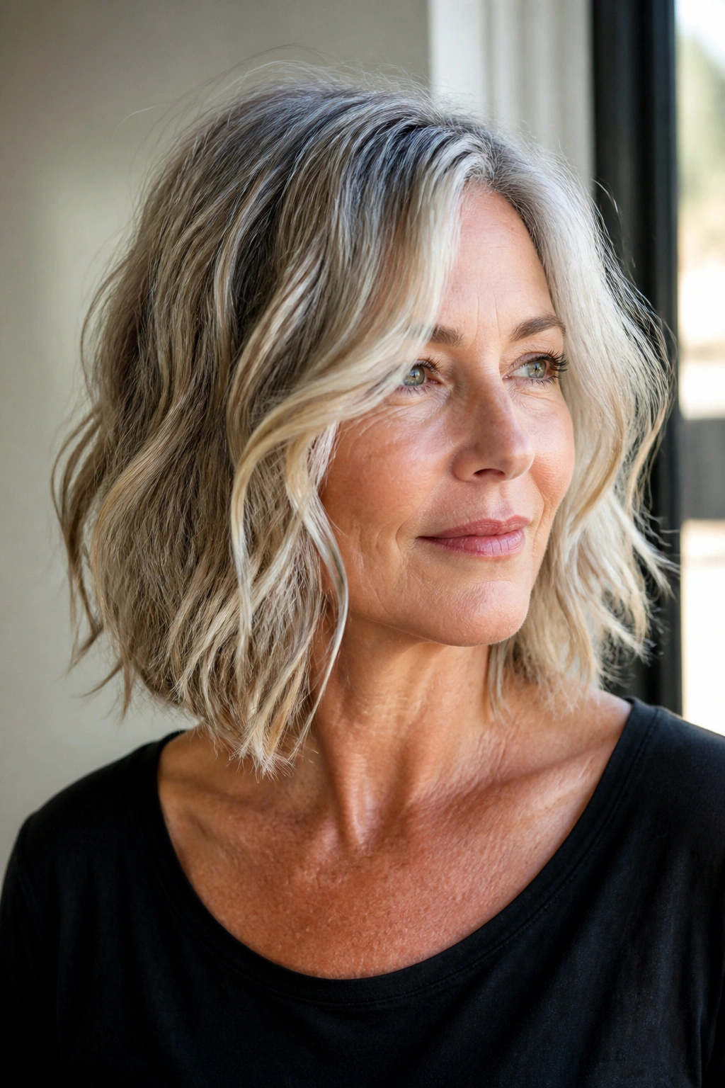 Medium close-up of a real woman with a wavy lob and piecey ends