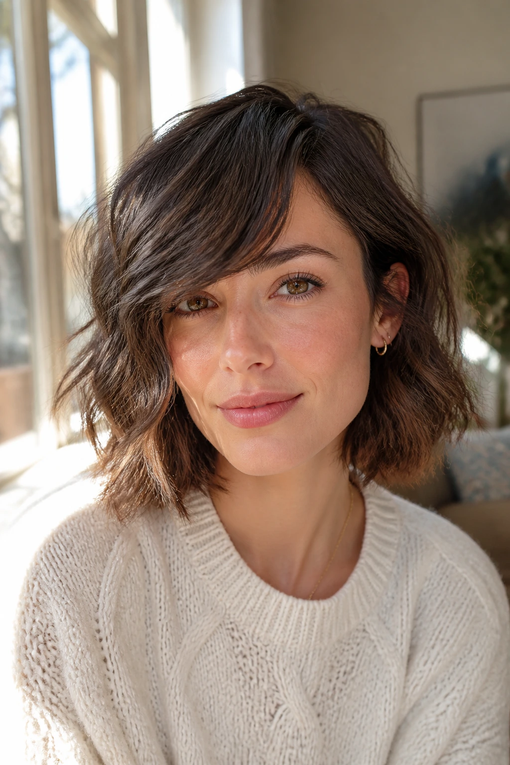 Real woman with a wavy lob and side bangs in a sunny living room