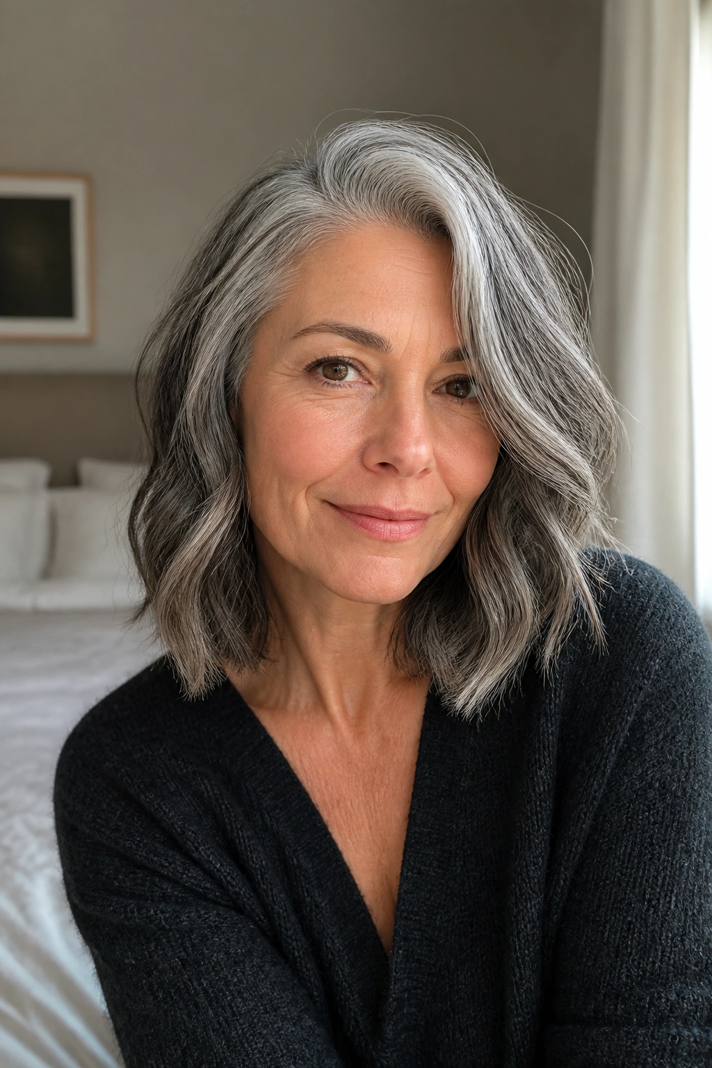 Close-up portrait of a real woman with a wavy lob and deep side part.