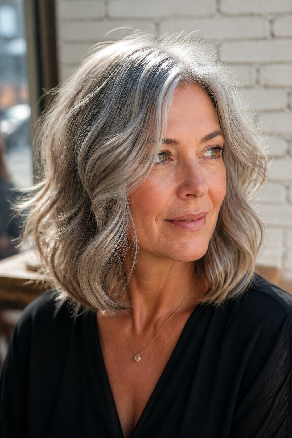 Close-up portrait of a real woman with a wavy gray lob and soft ends in warm cafe window light