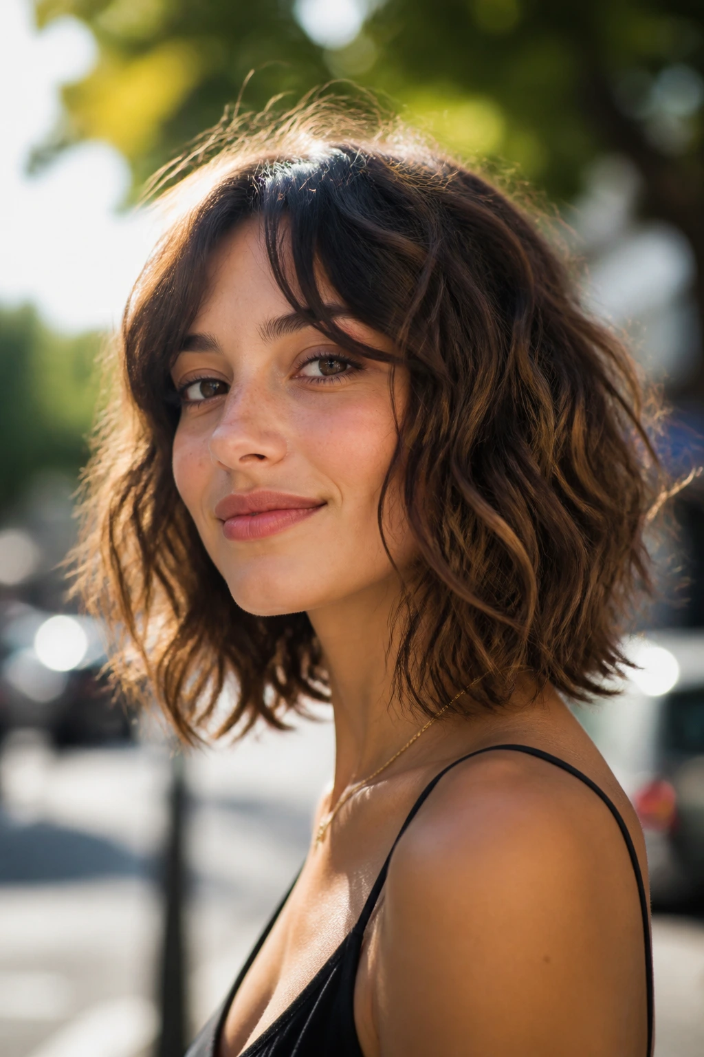 Close-up of a real person with a wavy lob and choppy ends in sunlight