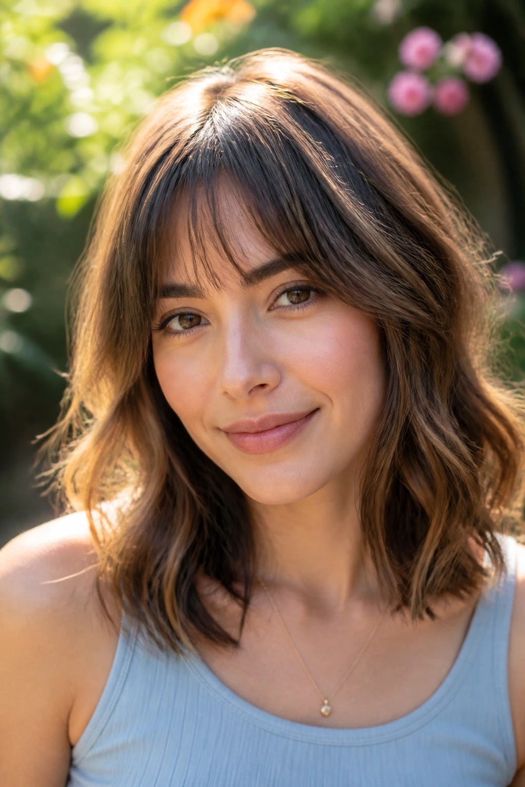 Close-up portrait of a real person with a wavy shoulder-length lob and soft fringe in natural light