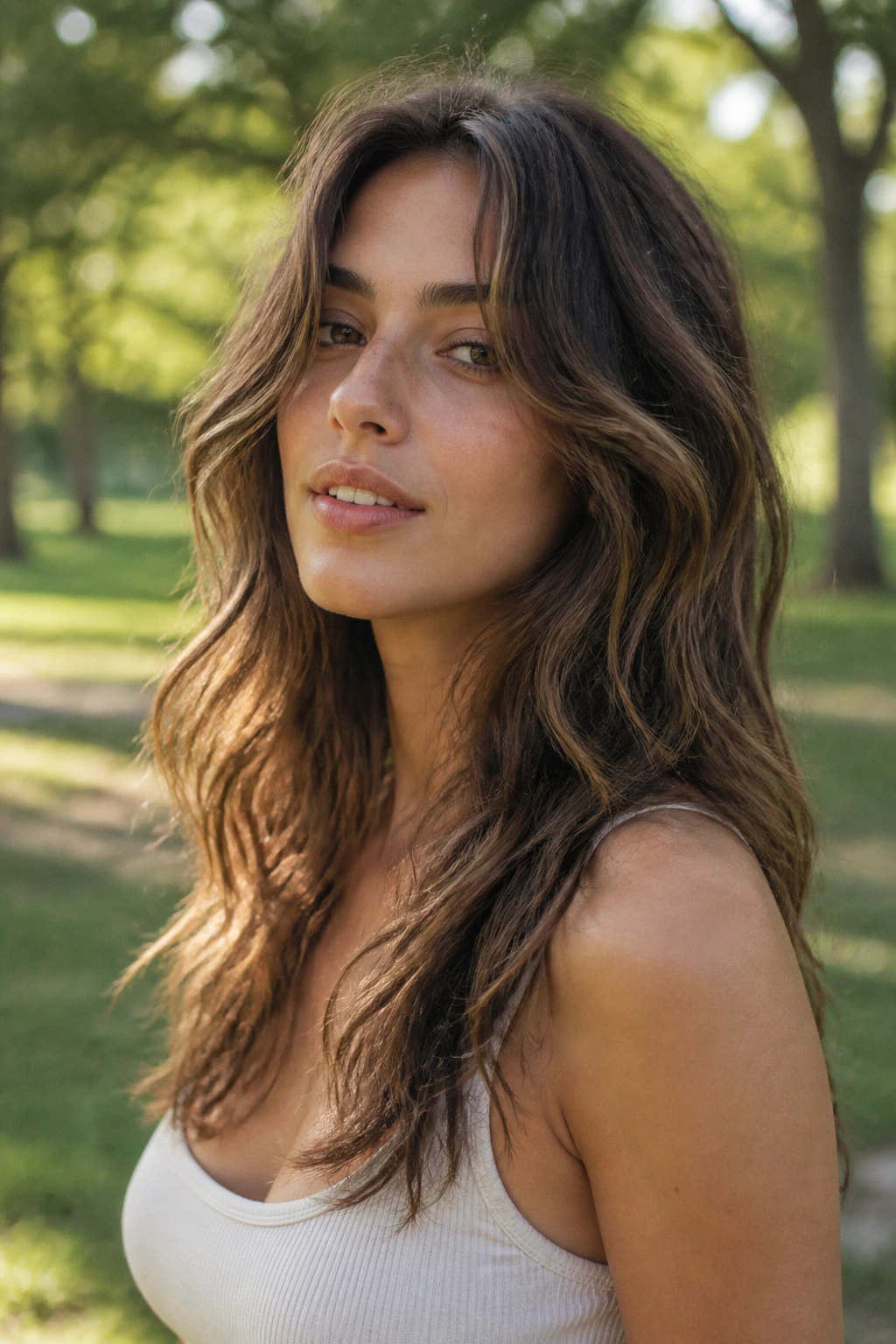 Portrait of a woman with long, airy wavy shag hair outdoors.