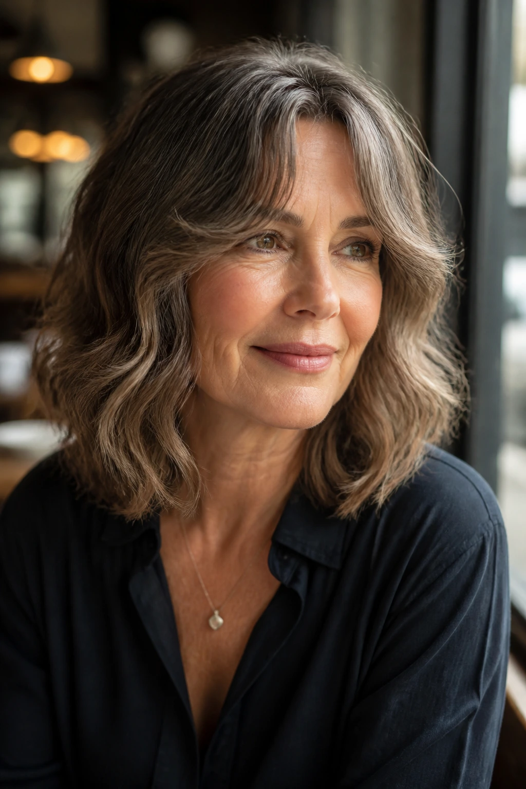 Portrait of a woman with a wavy mid-length cut and curtain bangs.