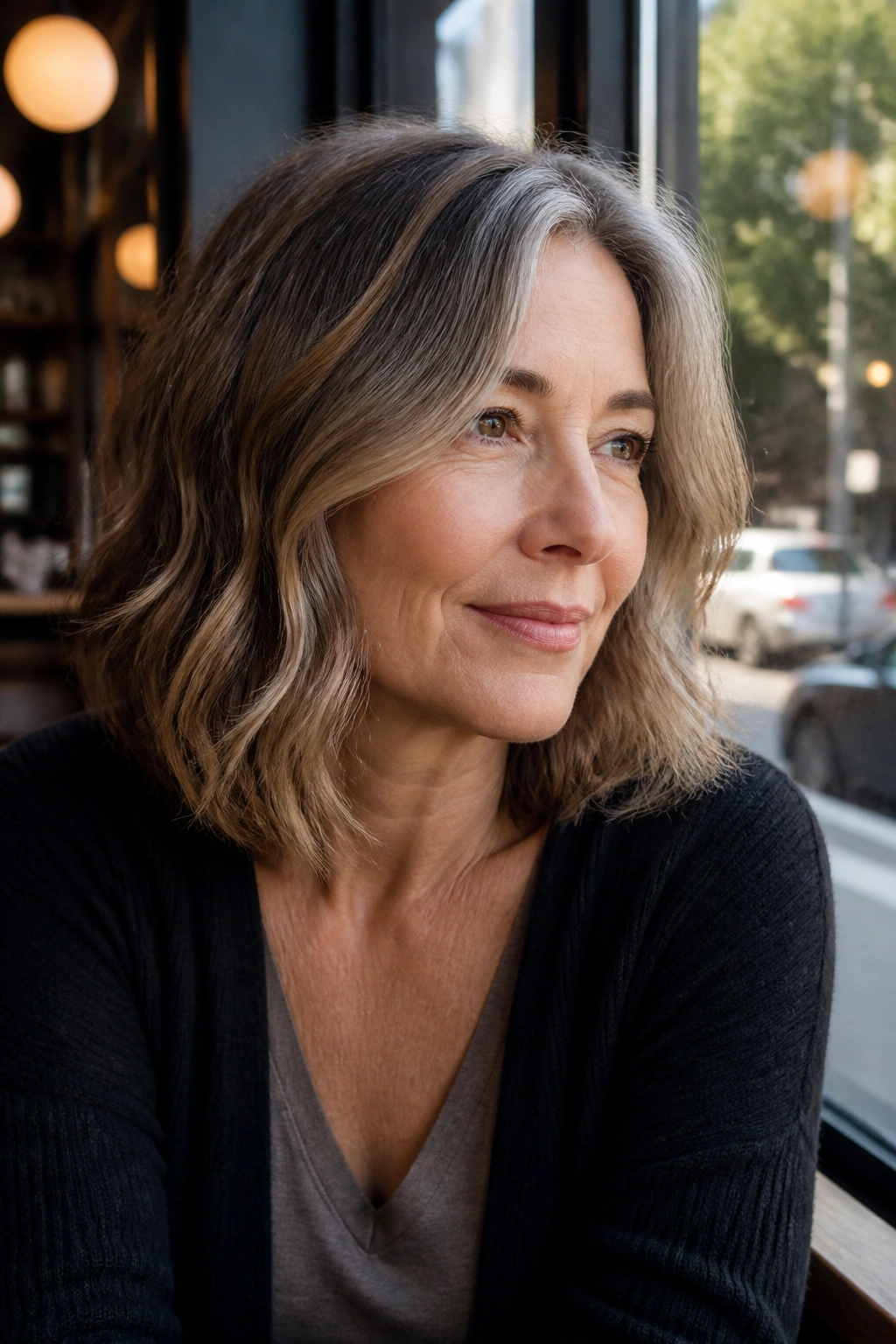Portrait of a woman with wavy mid-length hair and face-framing pieces in natural window light