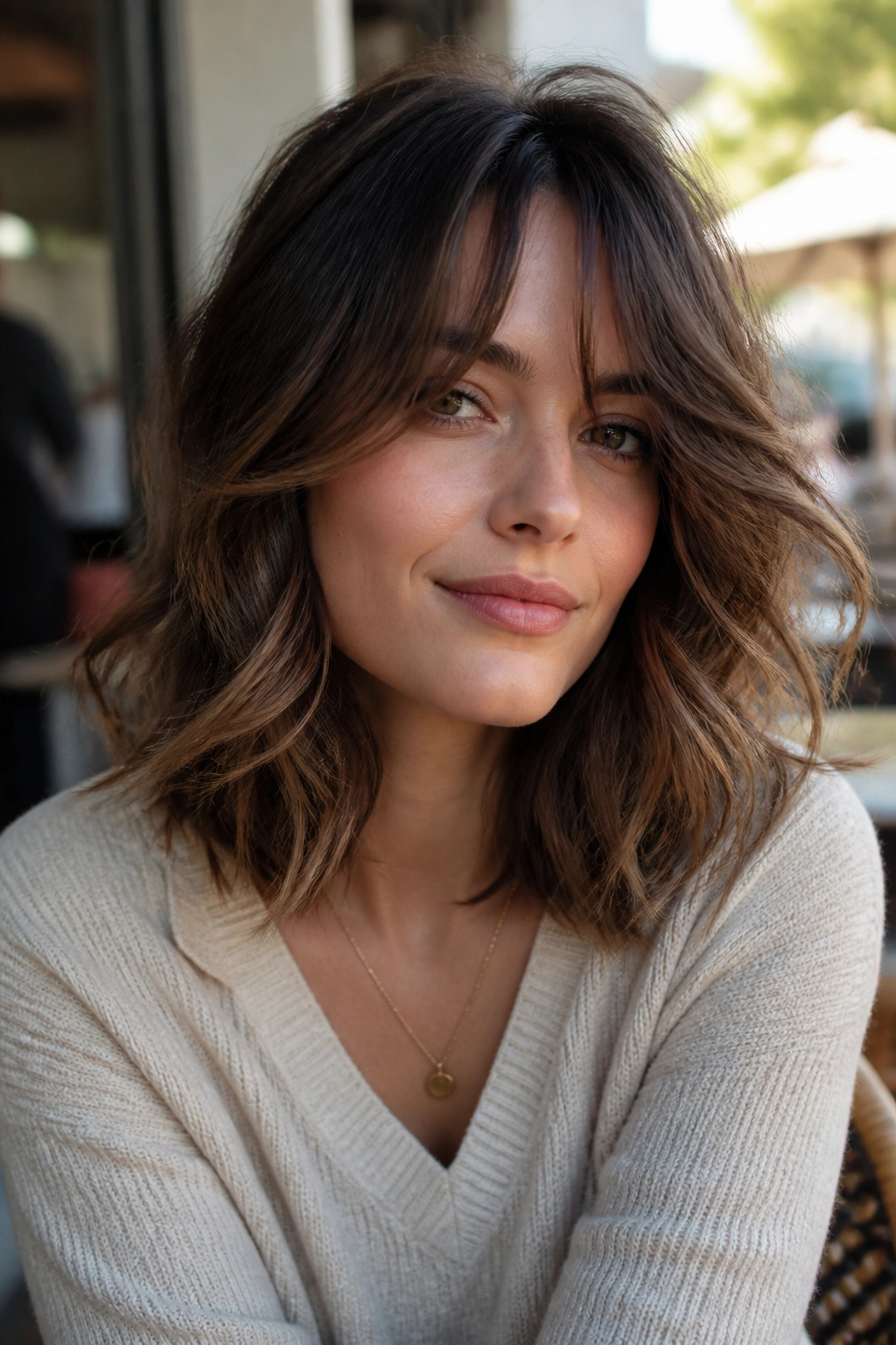 Close-up of a woman with a wavy mid-length cut and long fringe in outdoor daylight