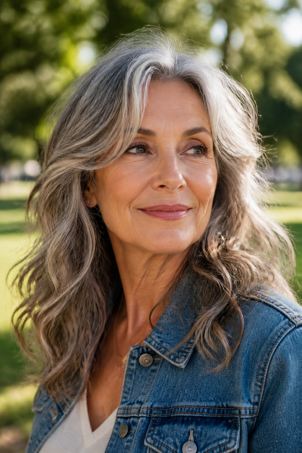 Portrait of a real woman with wavy mid-length layered hair outdoors