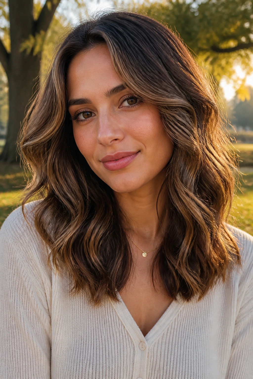 Medium close-up of a woman with wavy mid-length hair and face-framing layers