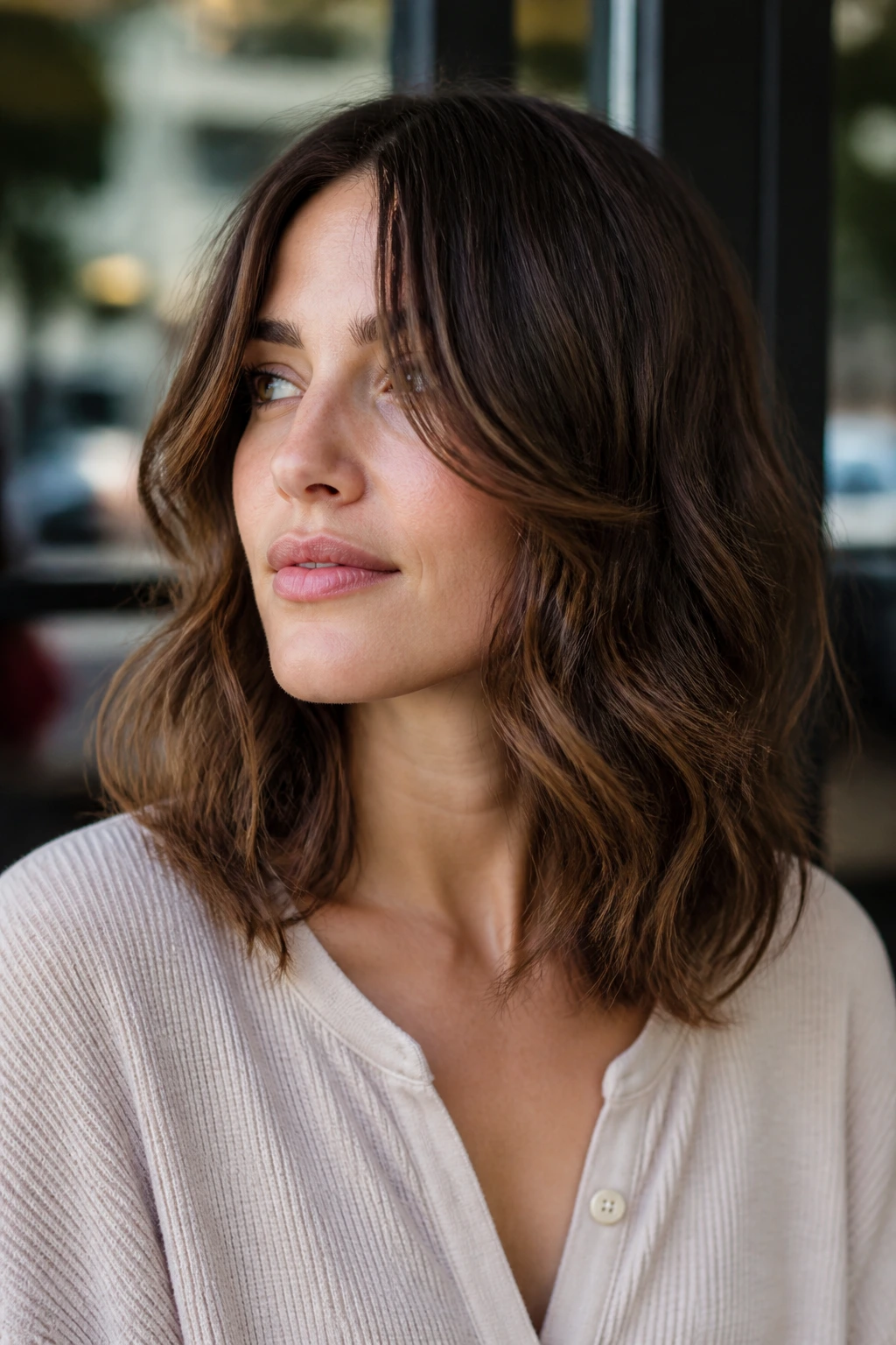 Real woman with mouth to collarbone wavy layers