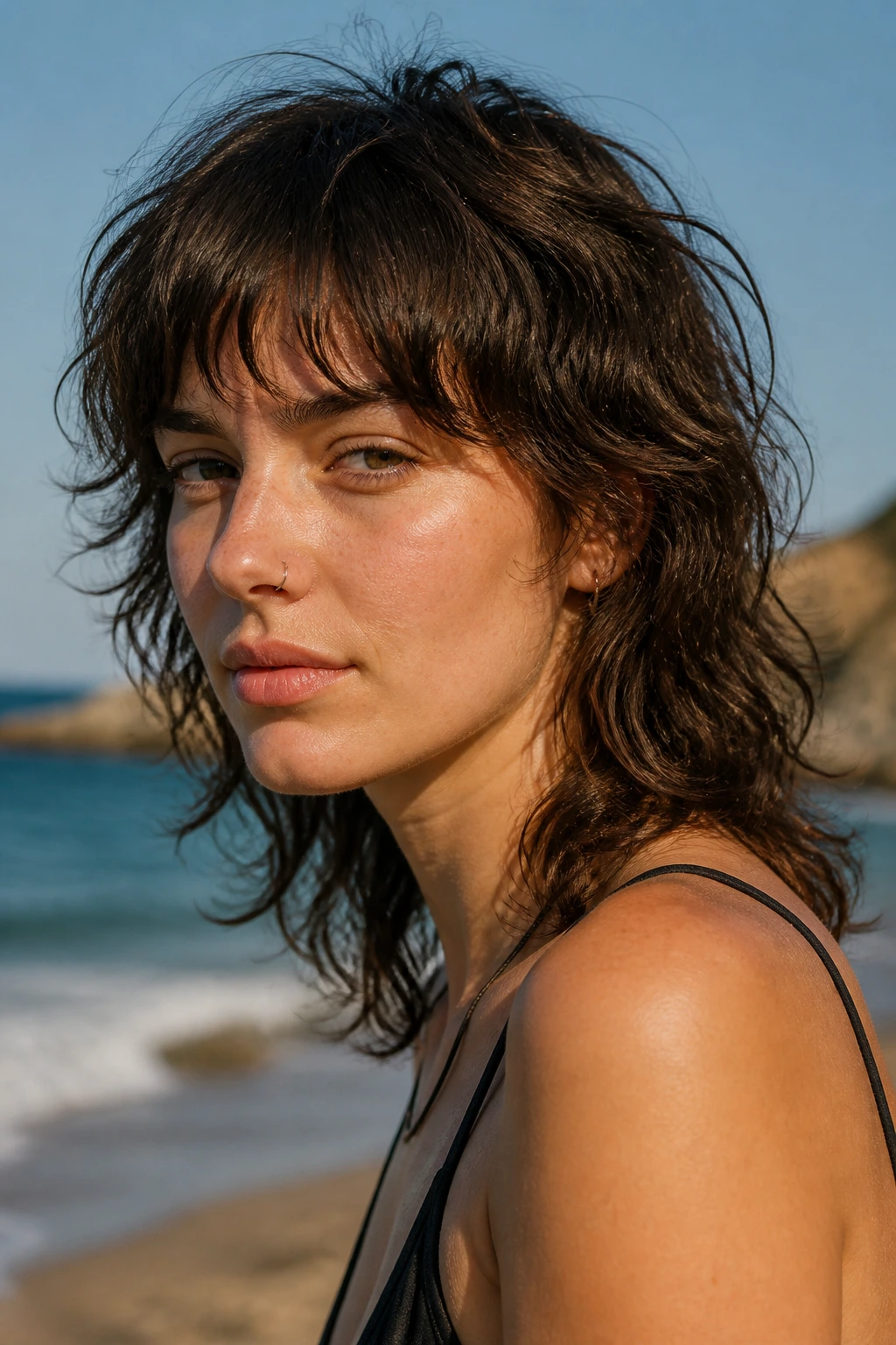 Close-up portrait of a woman with a wavy mullet and soft fringe by the sea