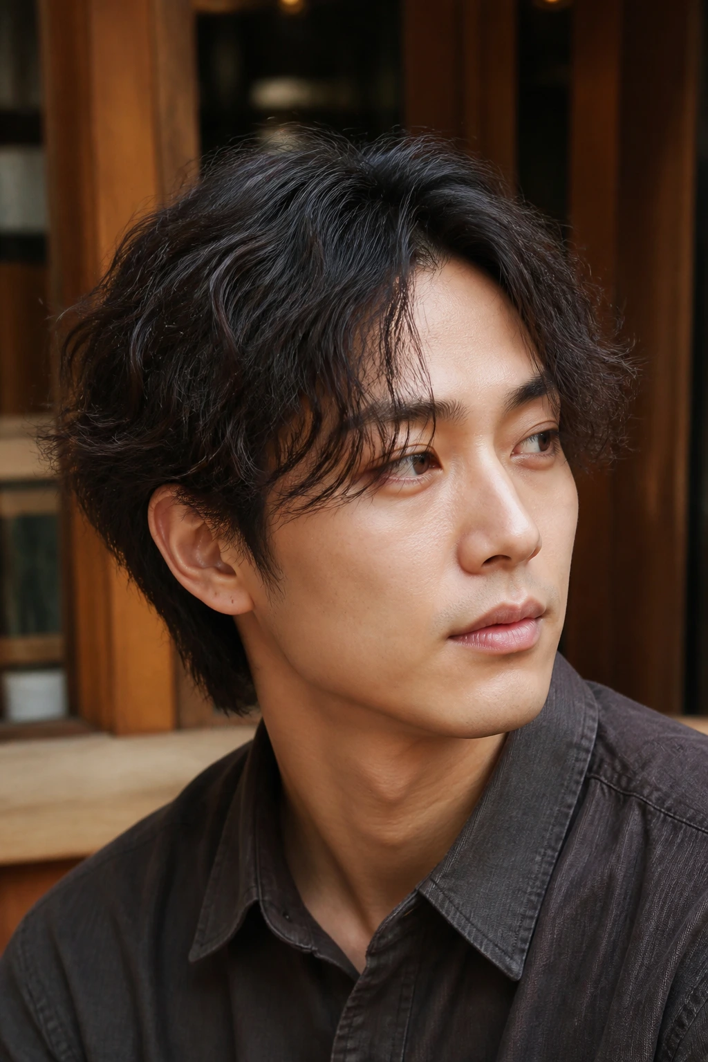 Man with wavy perm and light layers in natural daylight