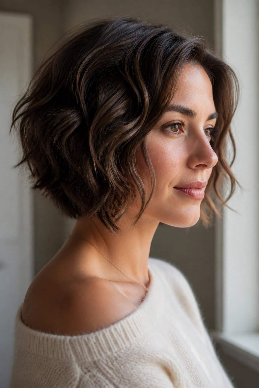Real woman with wavy long pixie bob close-up