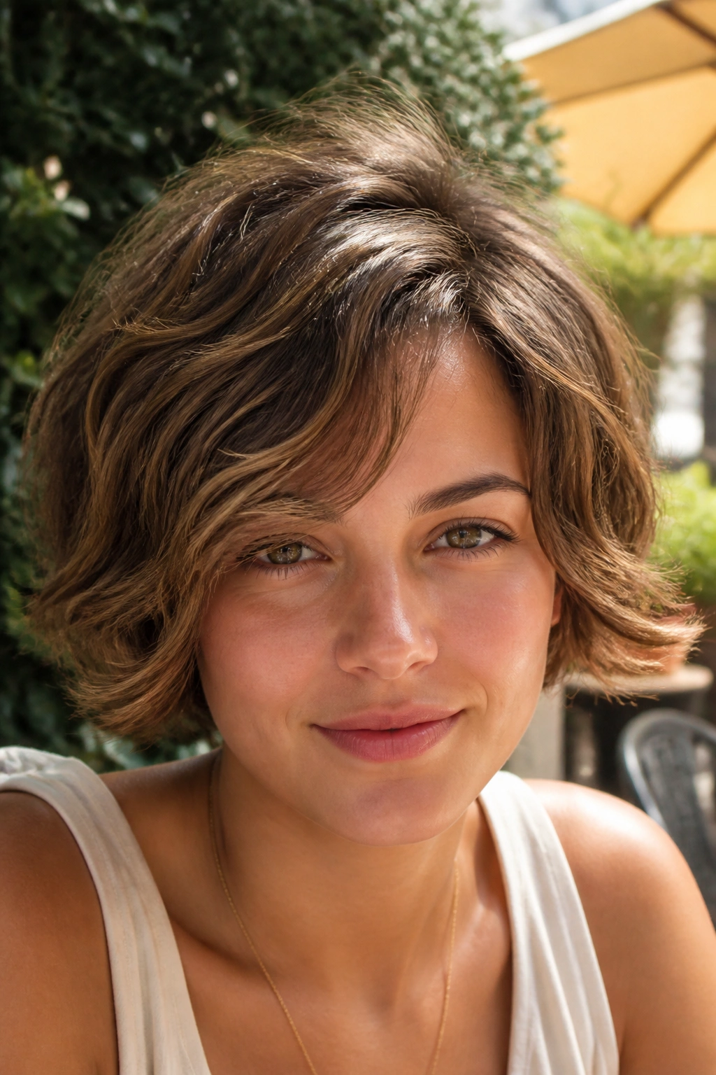 Close-up of a woman with wavy pixie bob and bent ends.