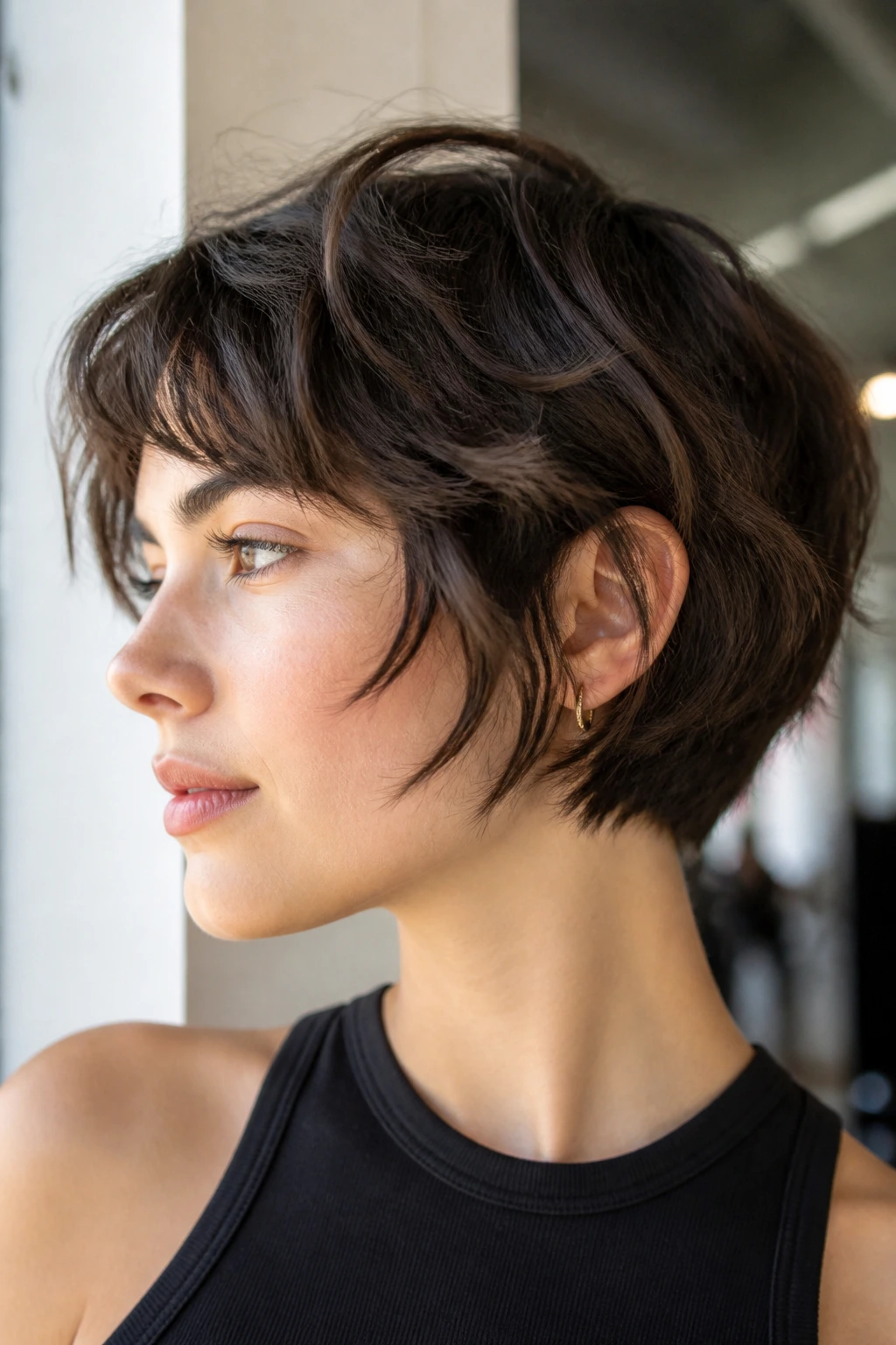Close-up of a real person with a wavy pixie-bob and piecey ends