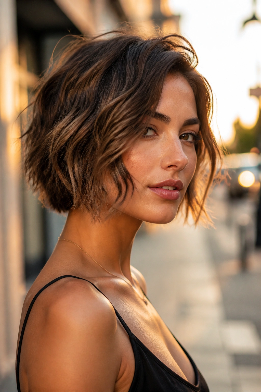 Real woman with a wavy long pixie bob and razor ends in golden hour outdoor light