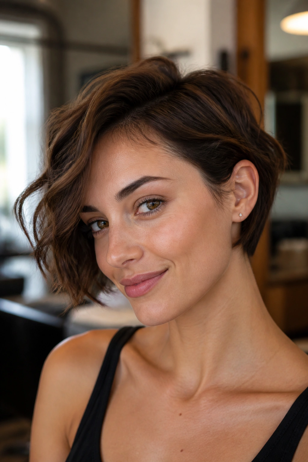 Close-up of a real woman with a wavy pixie bob and tucked side behind the ear, in soft natural light.