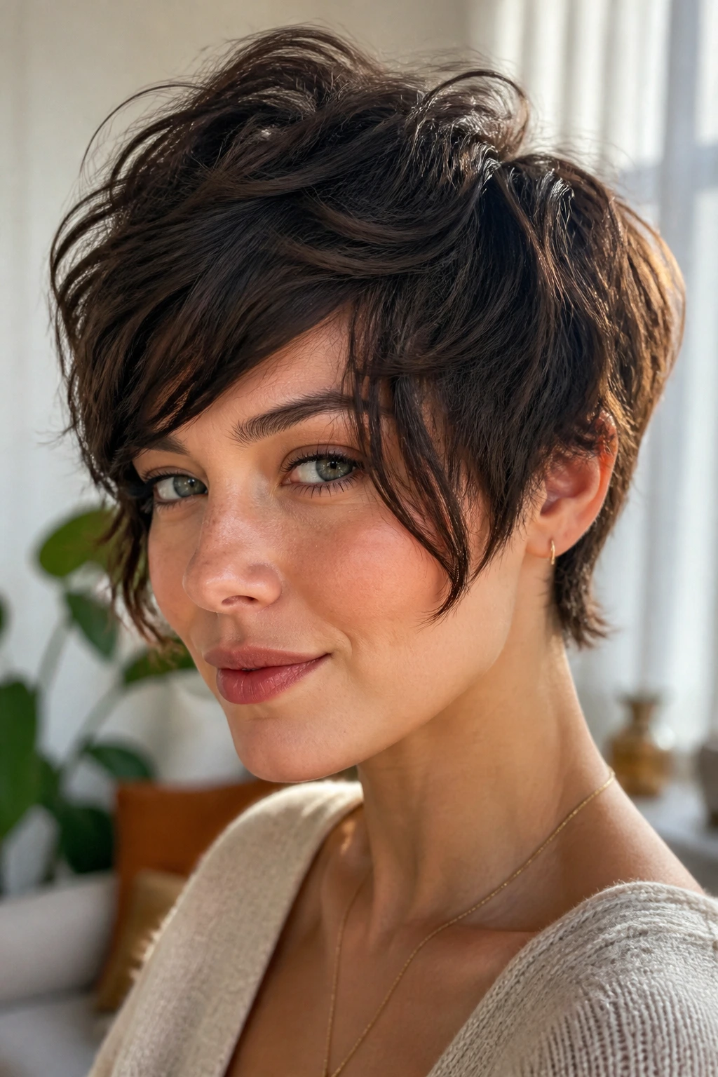 Close-up of a real woman with wavy pixie and cheekbone fringe
