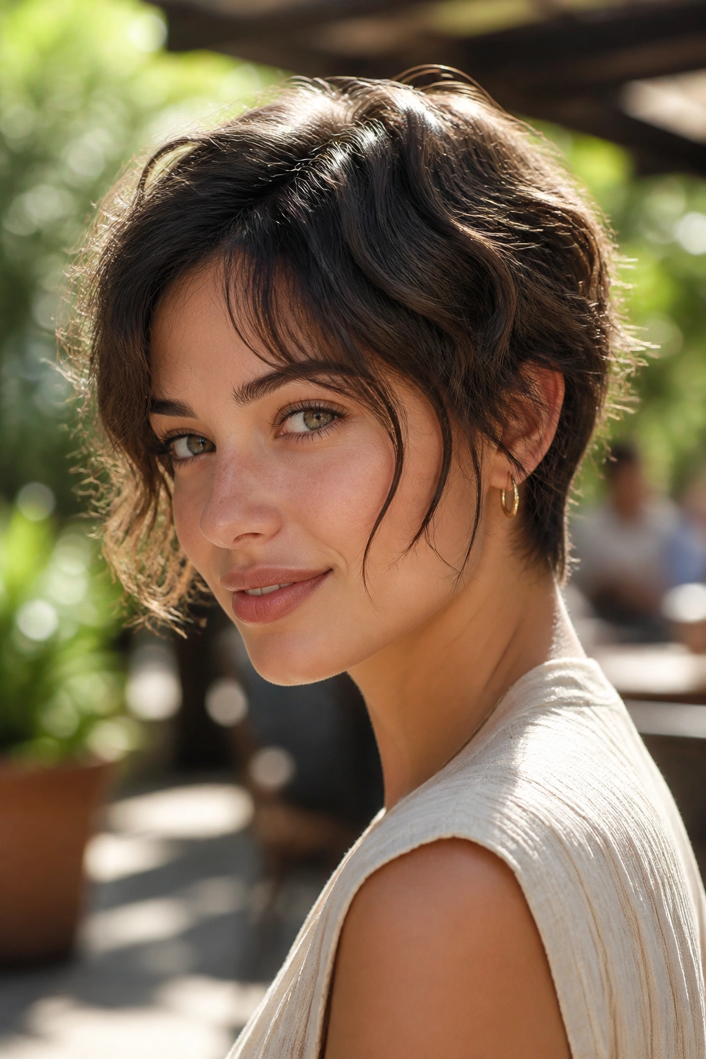 Close-up of a real person with a wavy pixie featuring chin-grazing pieces
