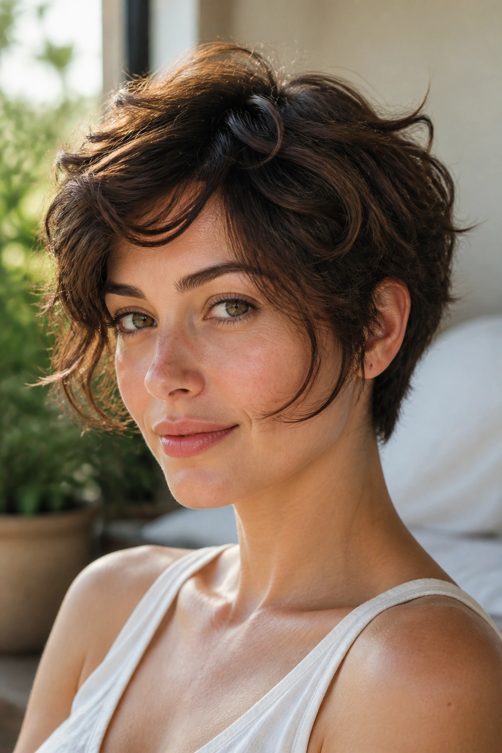 Close-up of a real woman with a wavy pixie and face-framing pieces in sunlit light