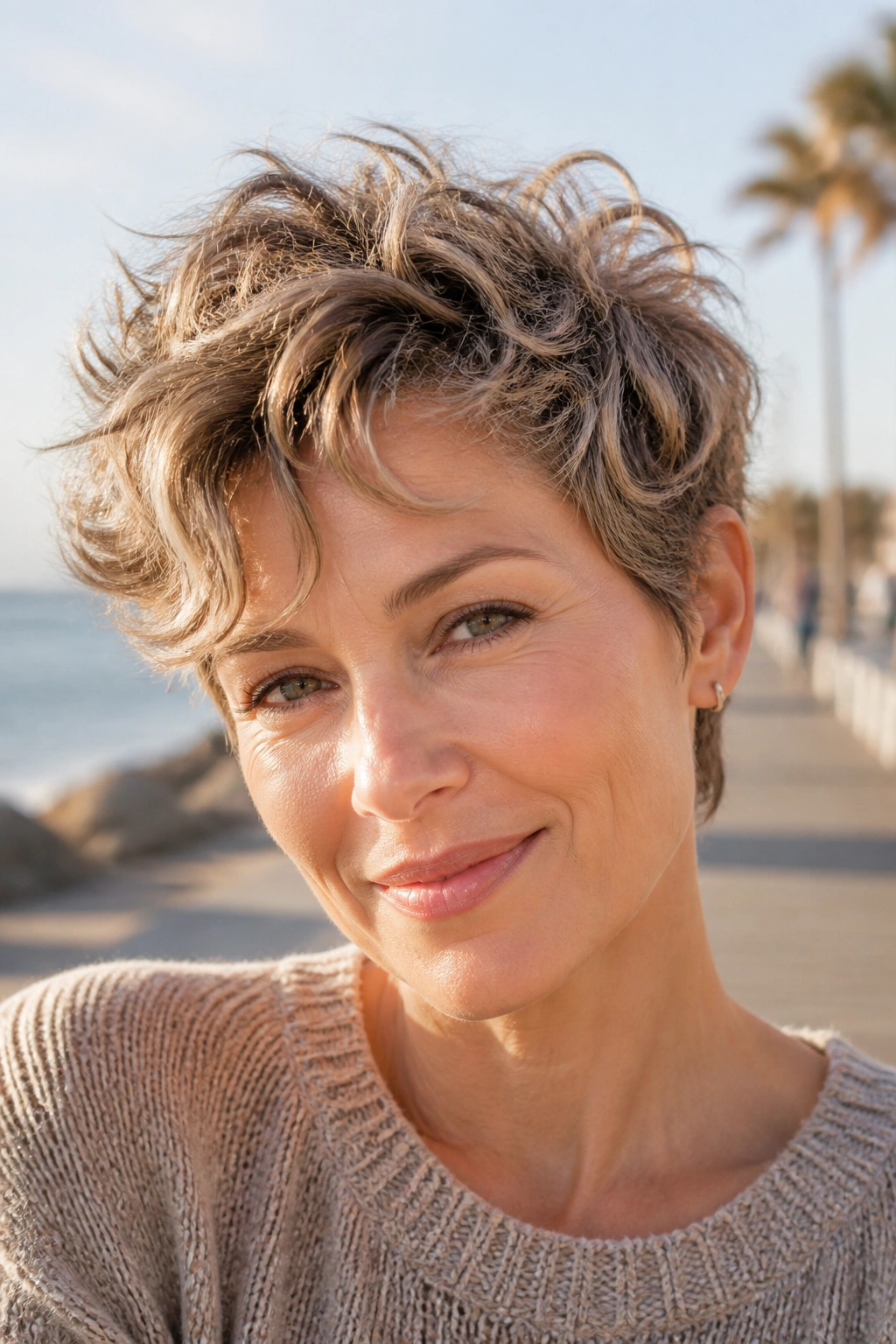 Close-up portrait of a real woman with wavy tousled pixie hairstyle outdoors