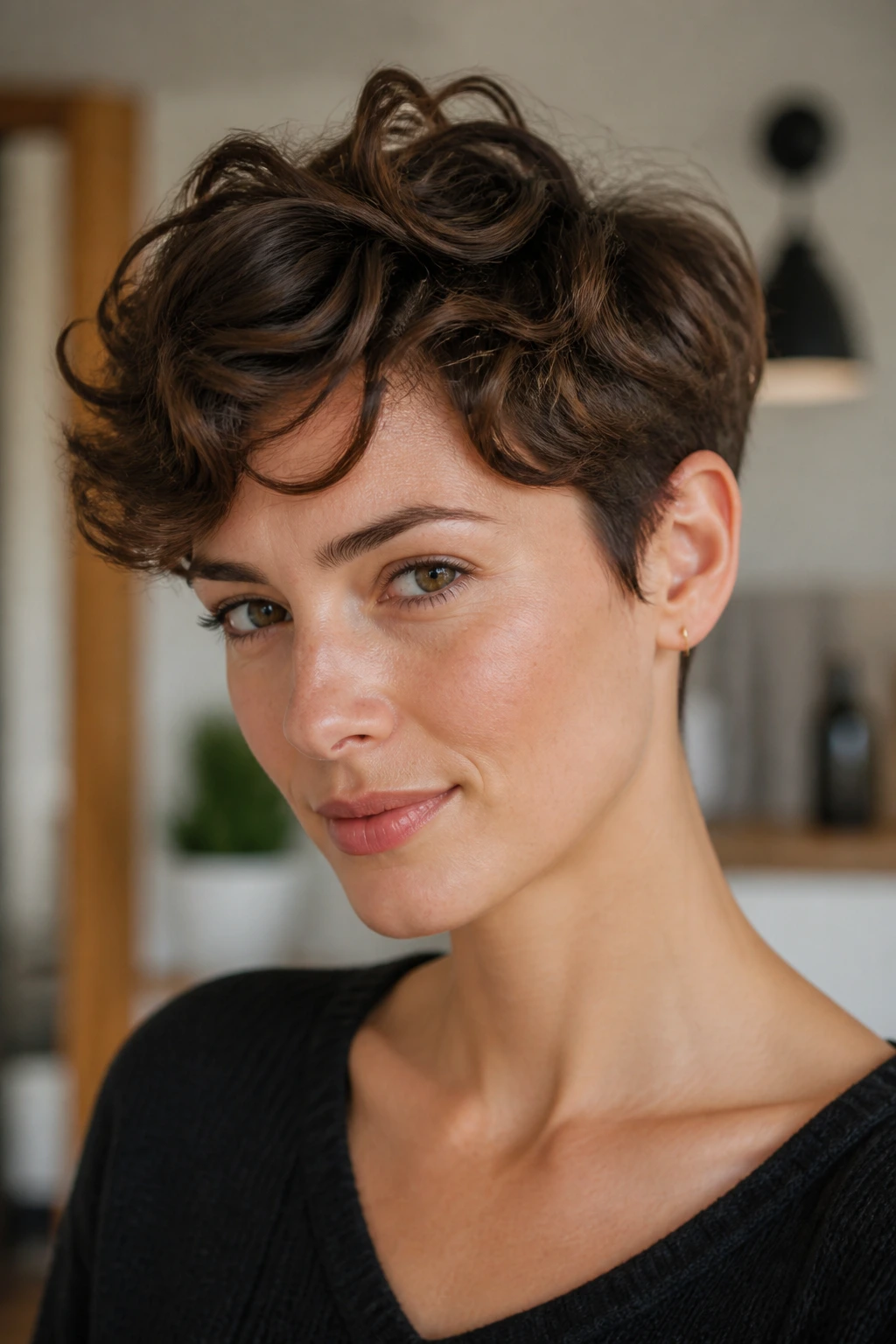 Close-up of a real person with a wavy pixie and longer top