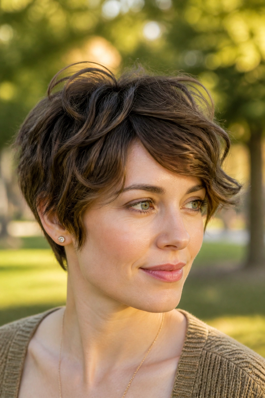 Portrait of a real woman with a wavy pixie and loose bend