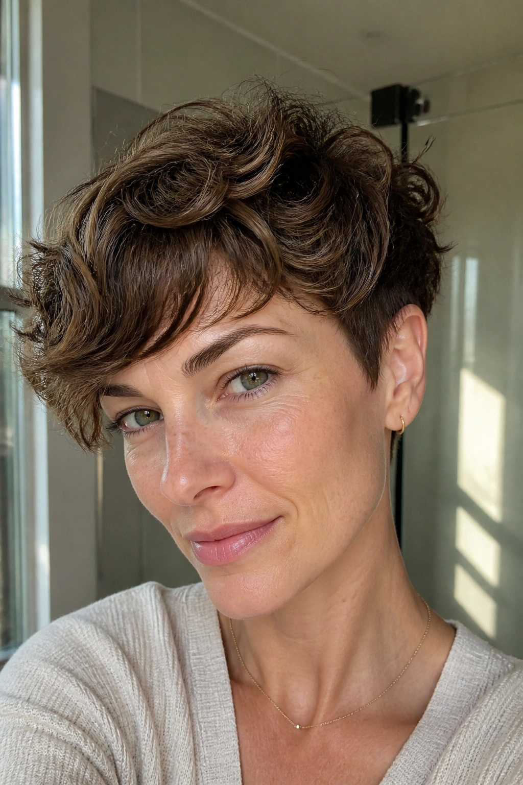 Close-up of real person with wavy pixie highlighting natural bend