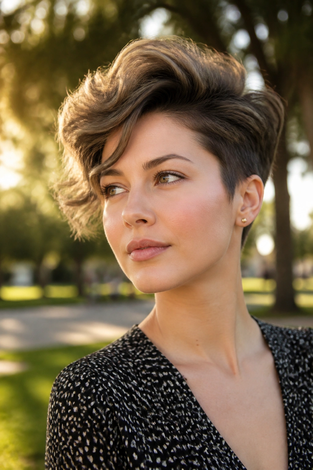 Real woman with wavy pixie and side volume in outdoor sunlight