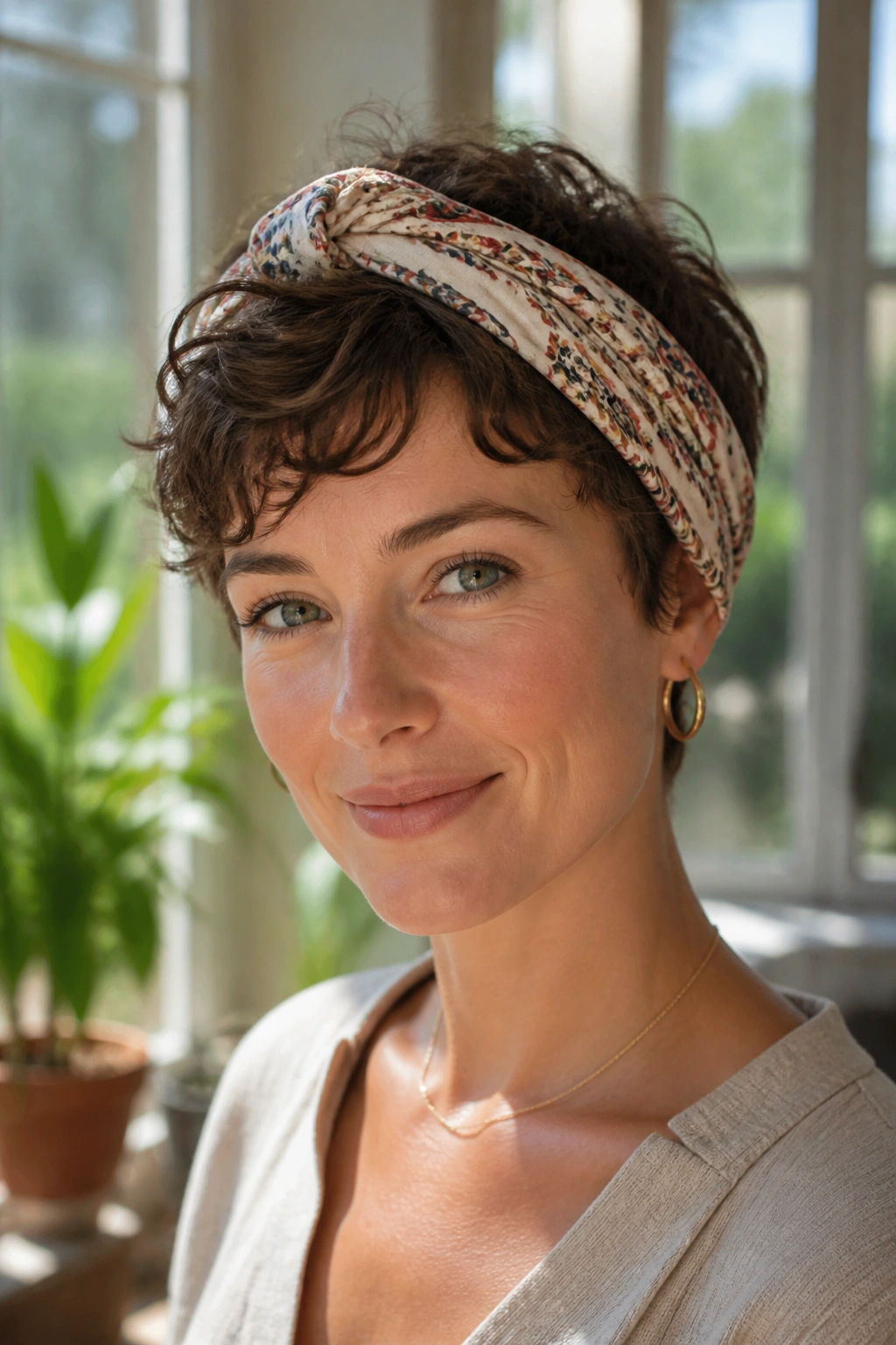 Real woman with wavy pixie and printed silk headband.