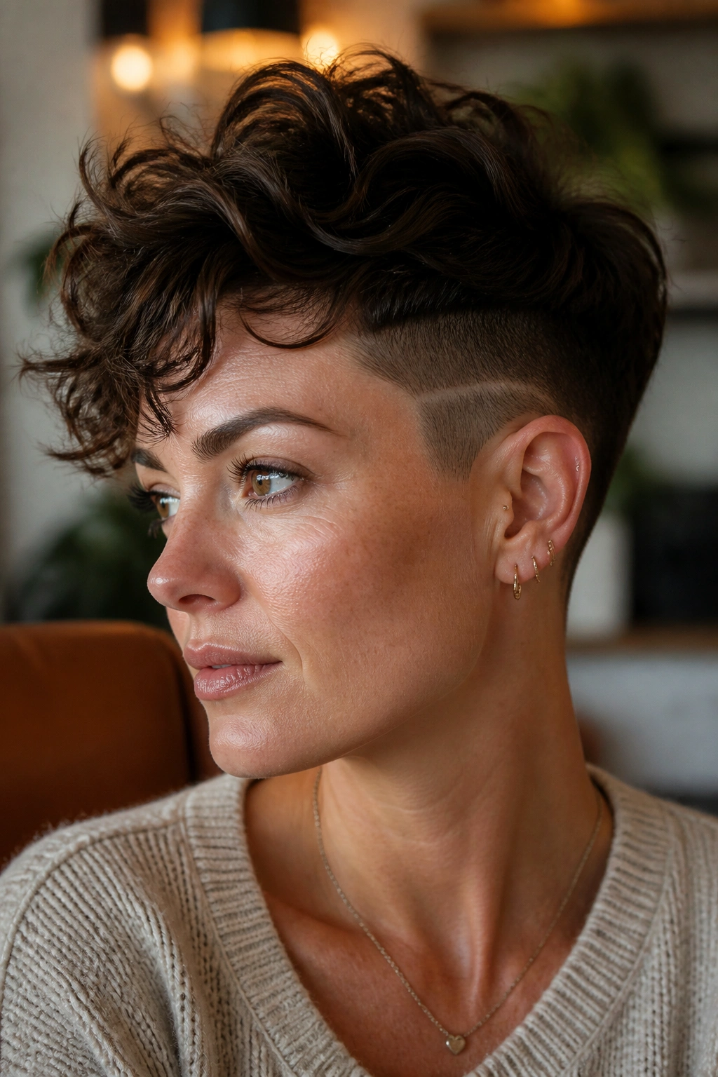 Close-up portrait of a real person with a wavy pixie and soft shave