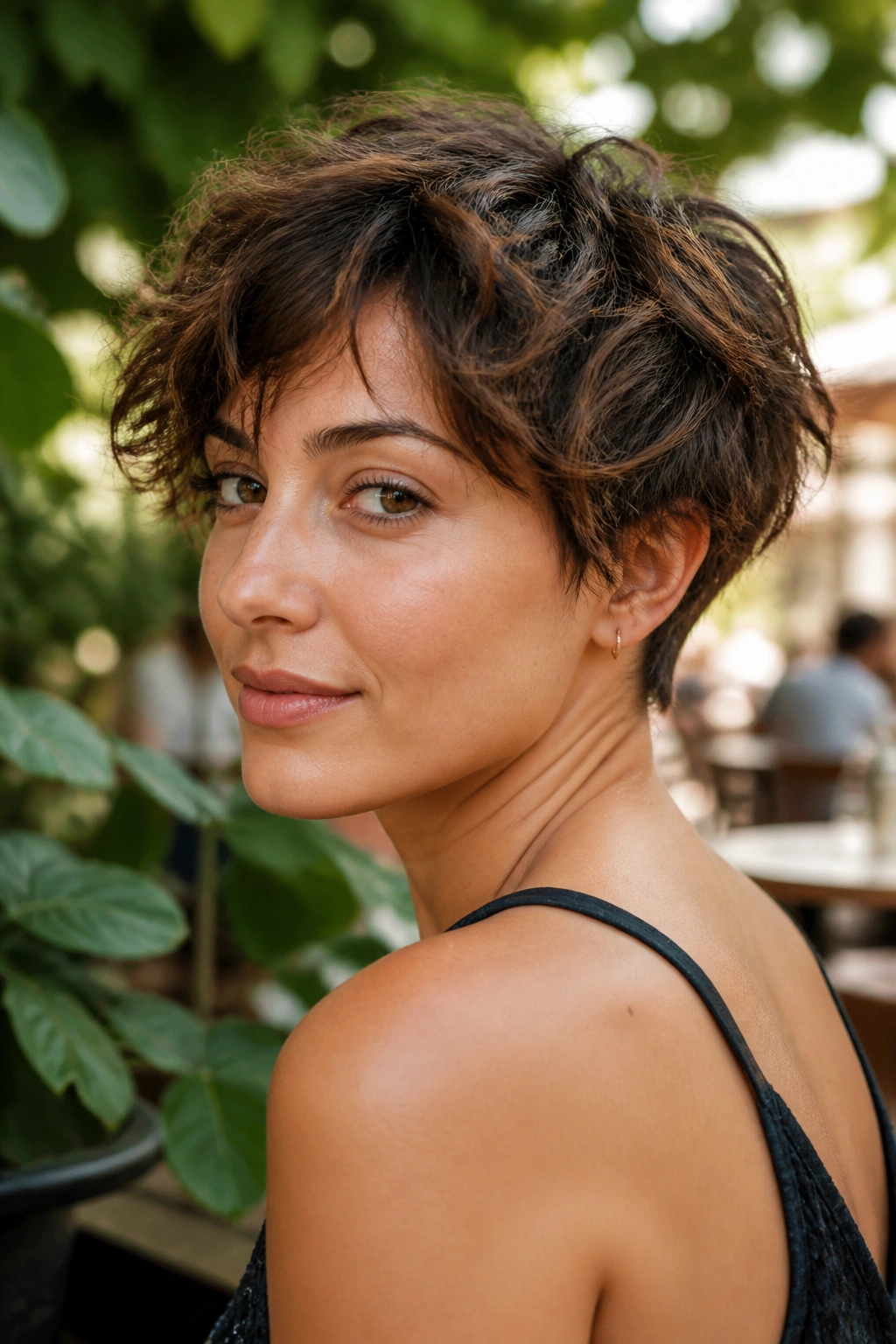 Close-up of a real woman with wavy pixie and tousled ends