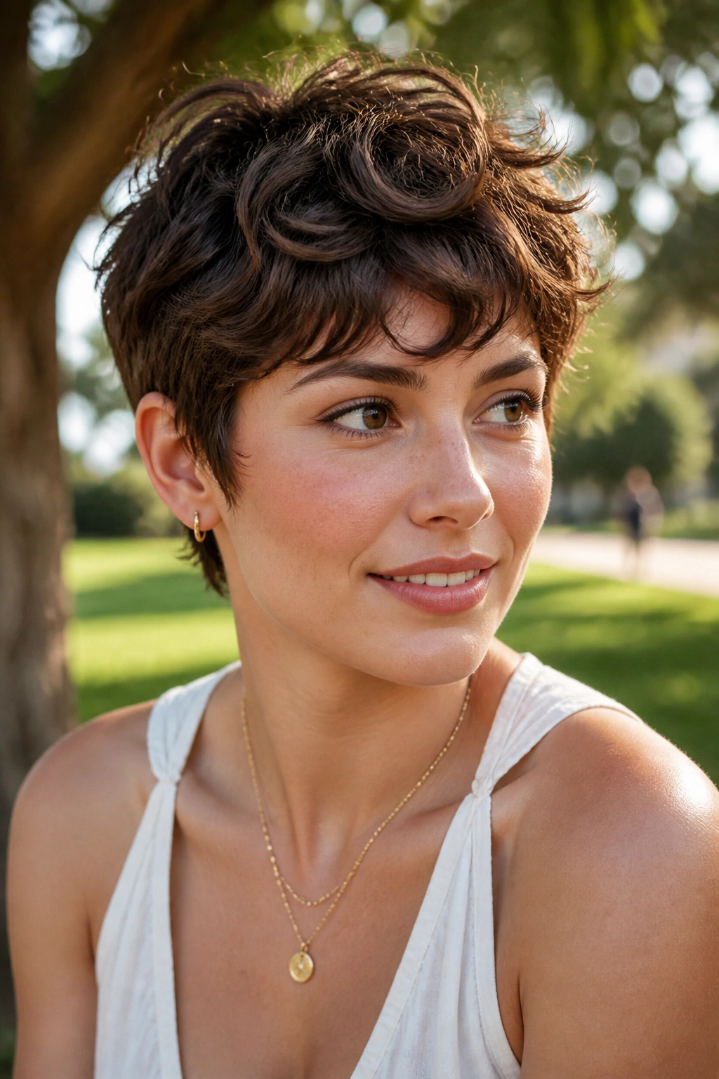 Close-up portrait of a real person with a wavy tousled pixie and natural texture.