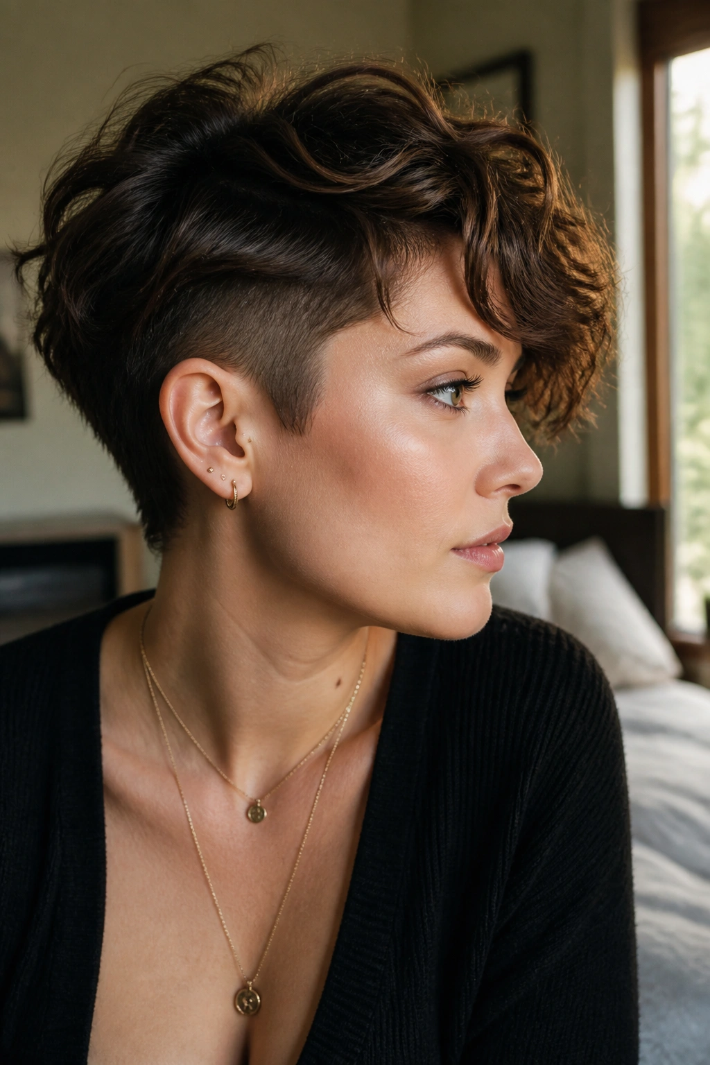 Close-up of a real woman with a wavy pixie and hidden undercut tucked behind the ear