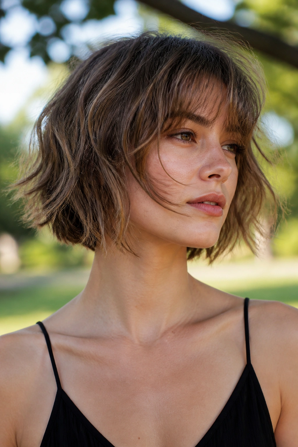 Close-up of a real woman with a wavy razor bob and airy mid-length layers in a sunlit park
