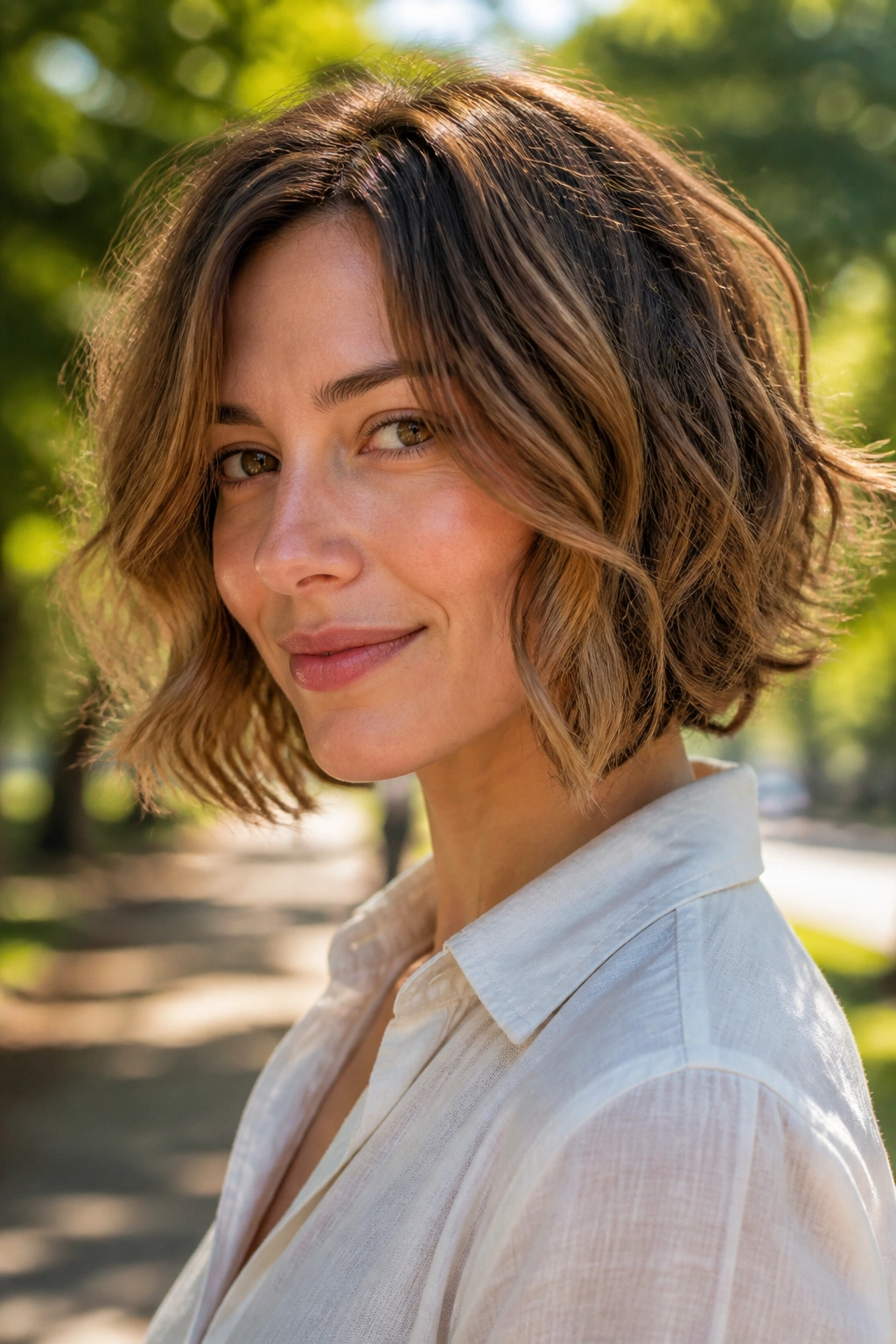 Real woman with a wavy razor-cut bob and soft sides in a sunlit park