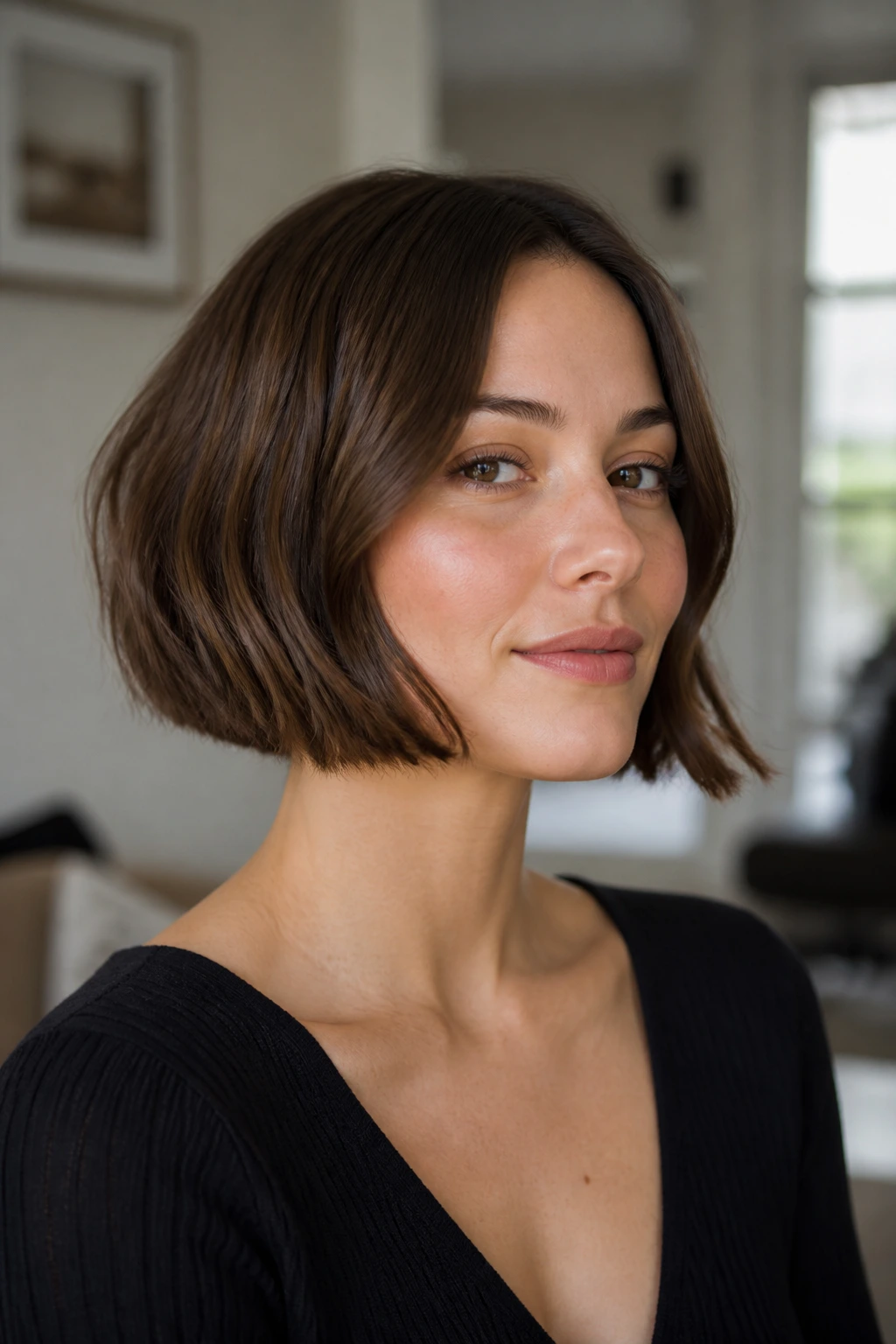 Close-up portrait of a real woman with a wavy-set French bob on naturally straight hair