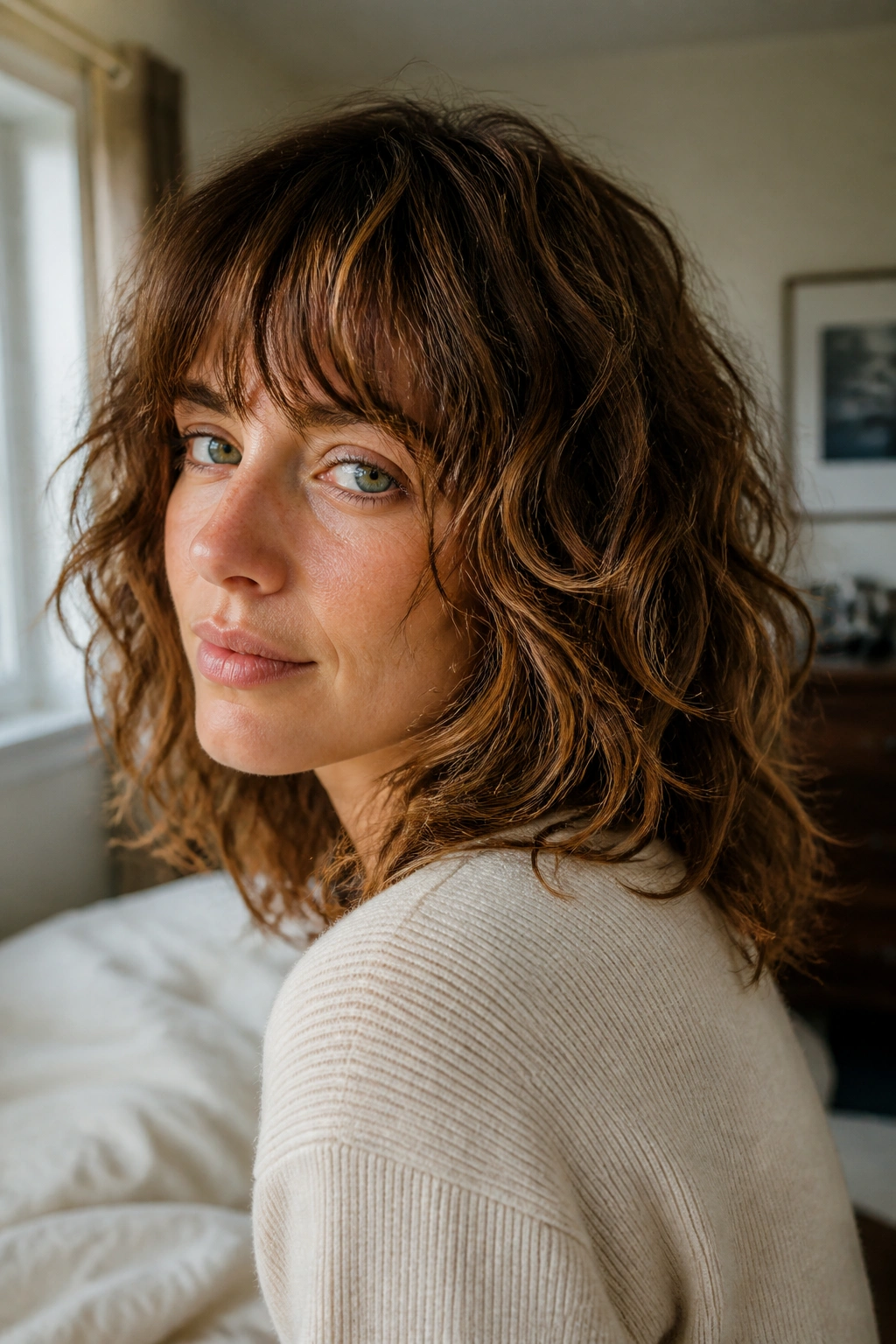 Portrait of a real person with wavy air-dry shag in a sunlit home setting