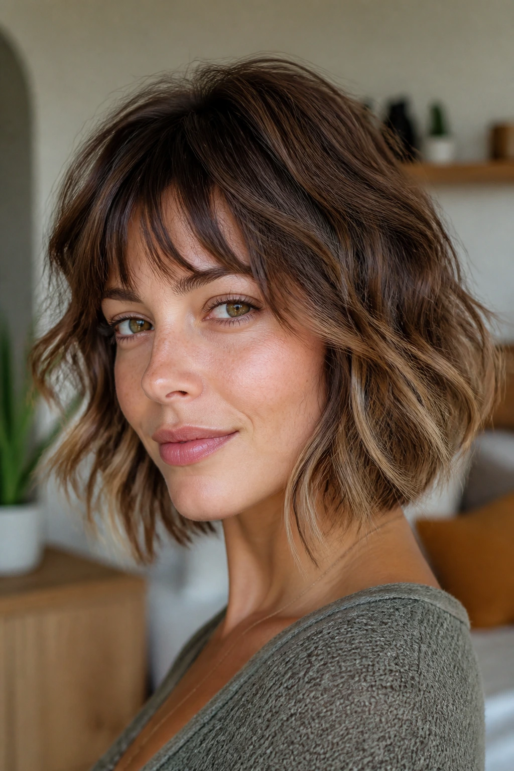 Real woman with a wavy shag bob and chopped fringe in a sunlit living room