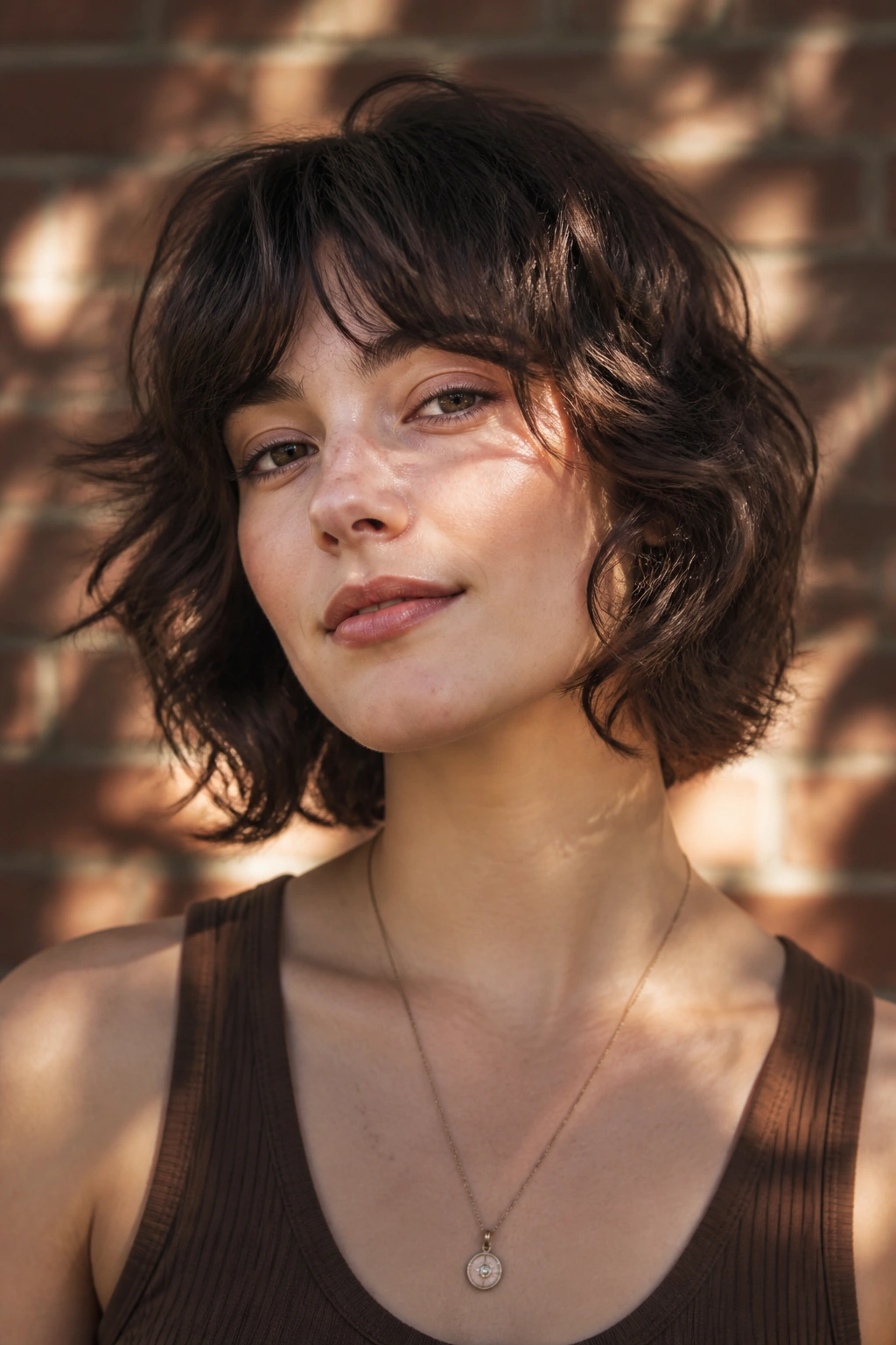 Close-up of a real woman with a wavy shag bob.