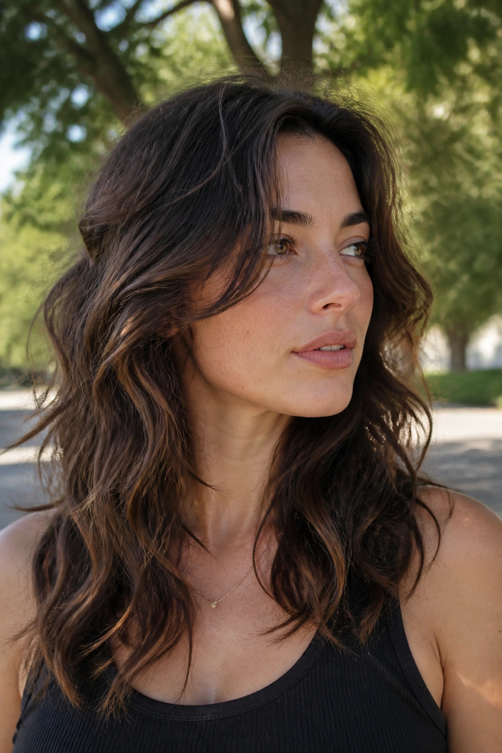 Close-up of a real woman with wavy long shag and cheekbone layers outdoors